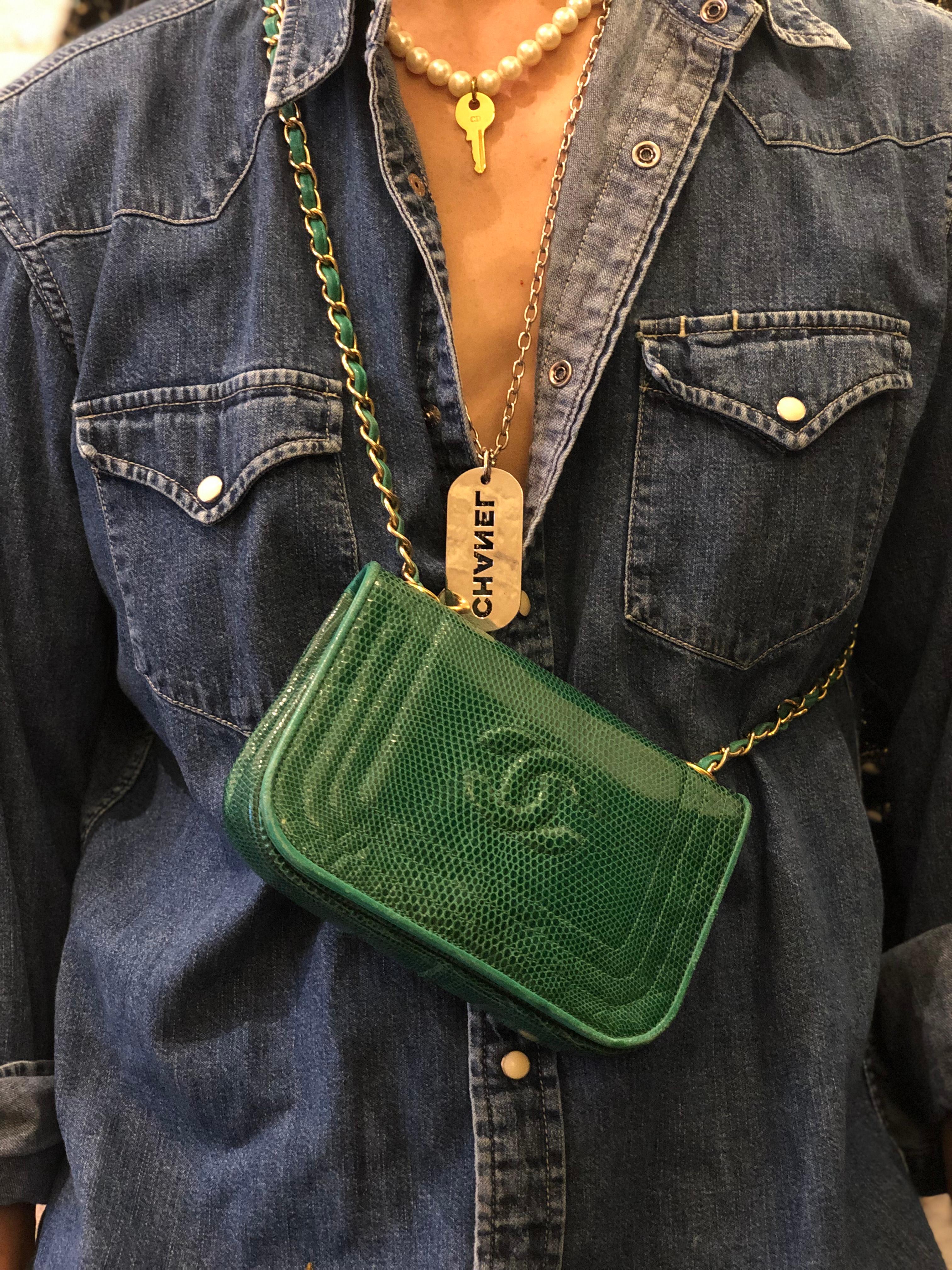 Blue Vintage CHANEL Lizard Flap Bag Small Emerald