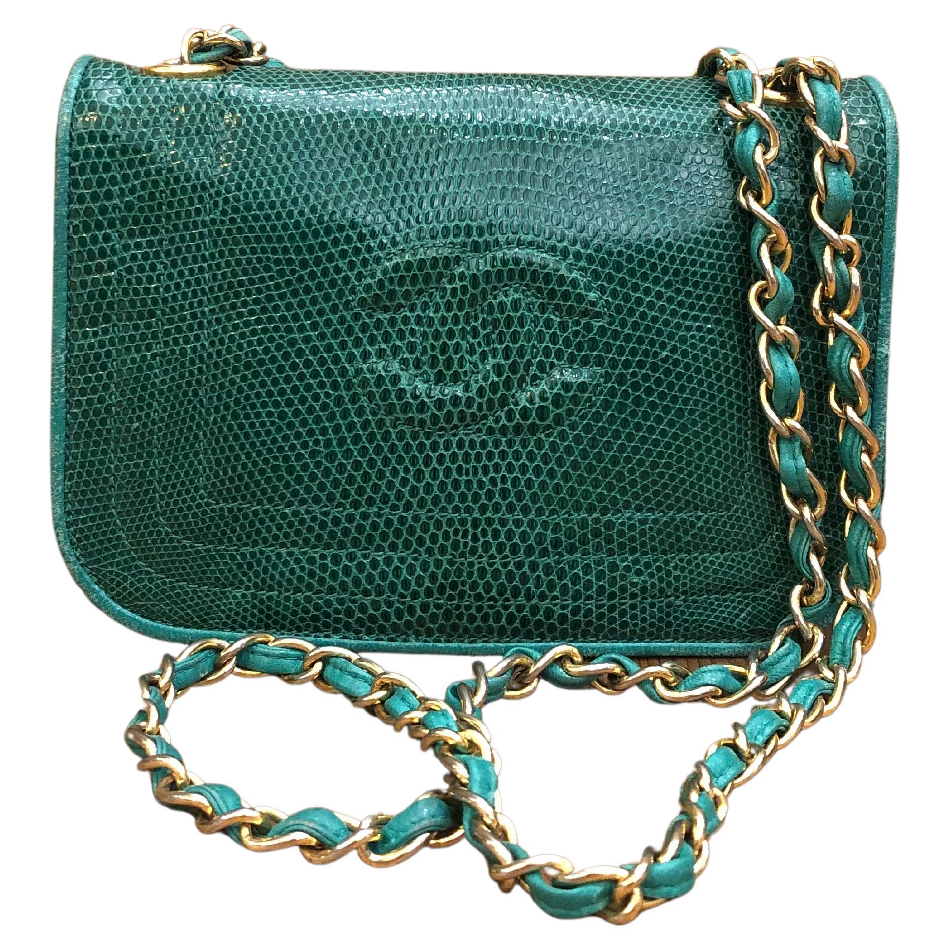 Vintage CHANEL Lizard Flap Bag Small Emerald