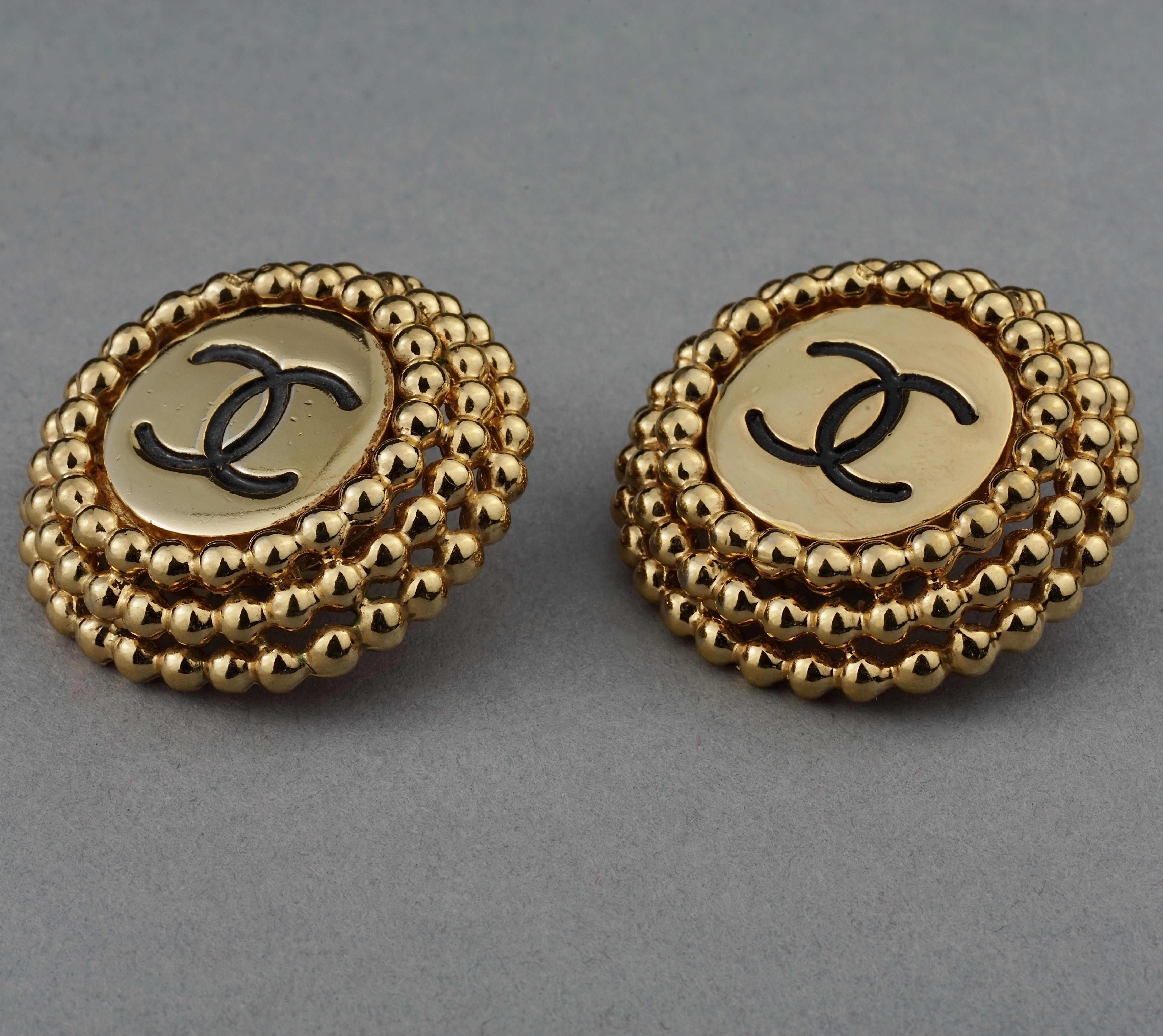 Women's Vintage CHANEL Enamel Logo Raised Disc Medallion Earrings