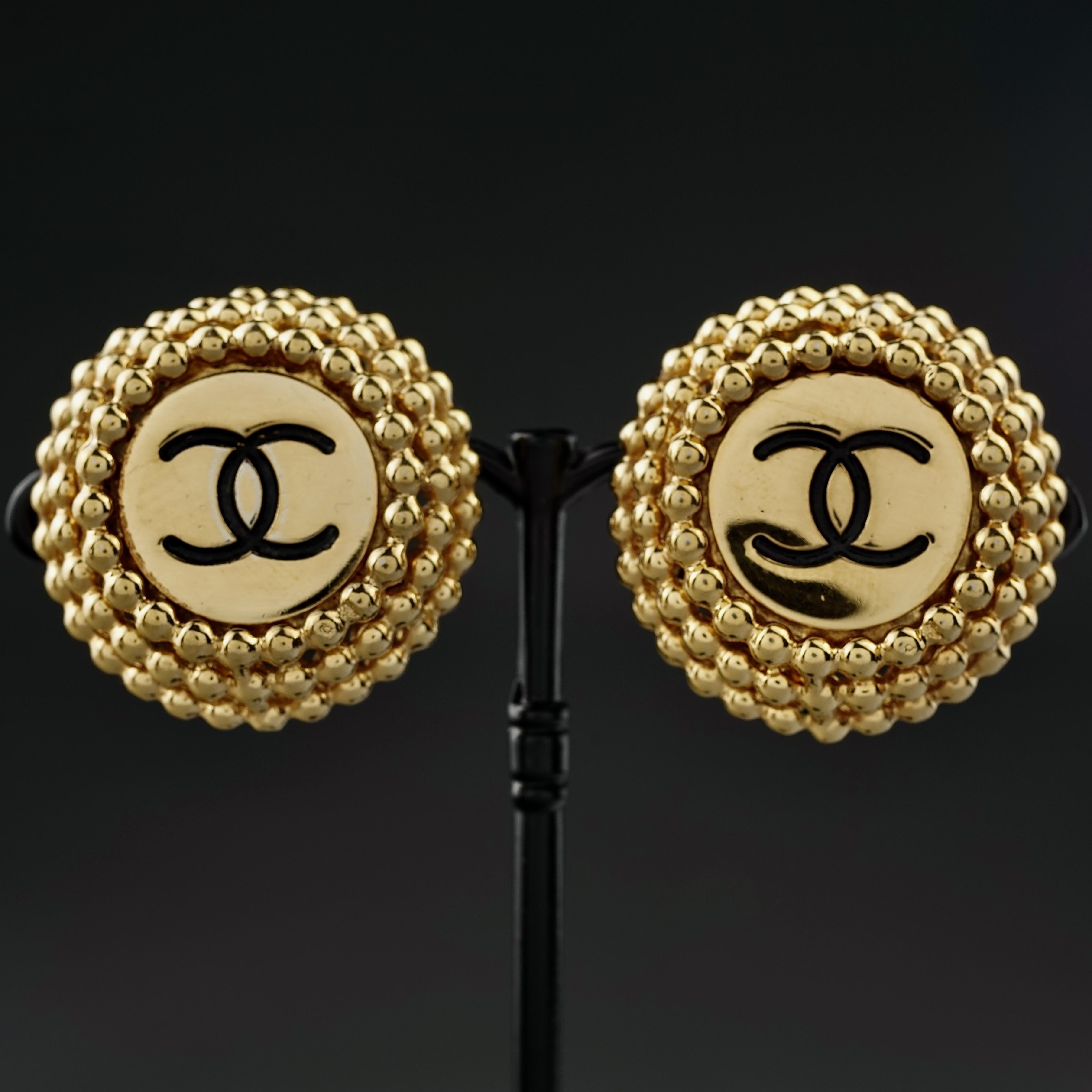 Vintage CHANEL Enamel Logo Raised Disc Medallion Earrings 1