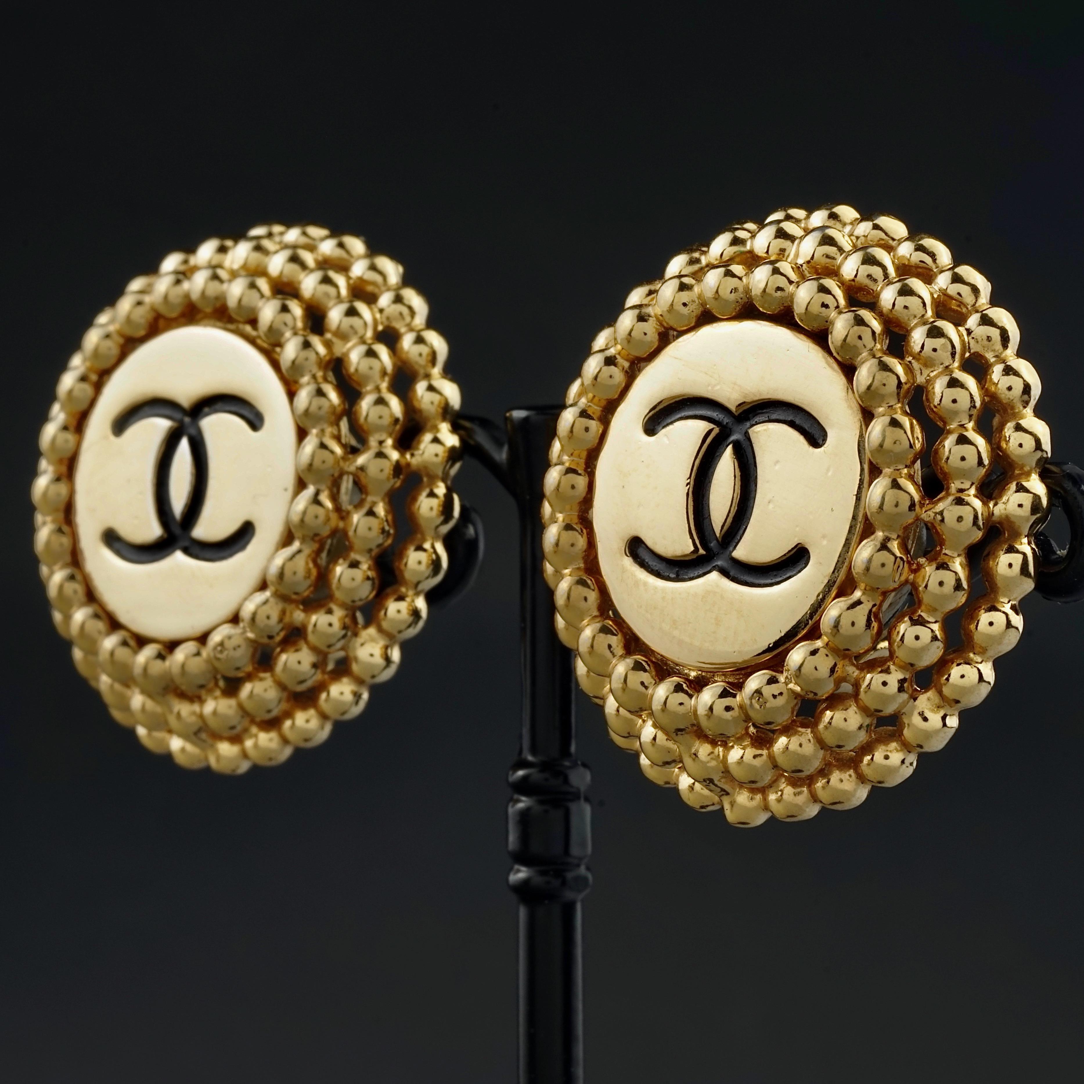 Vintage CHANEL Enamel Logo Raised Disc Medallion Earrings 2