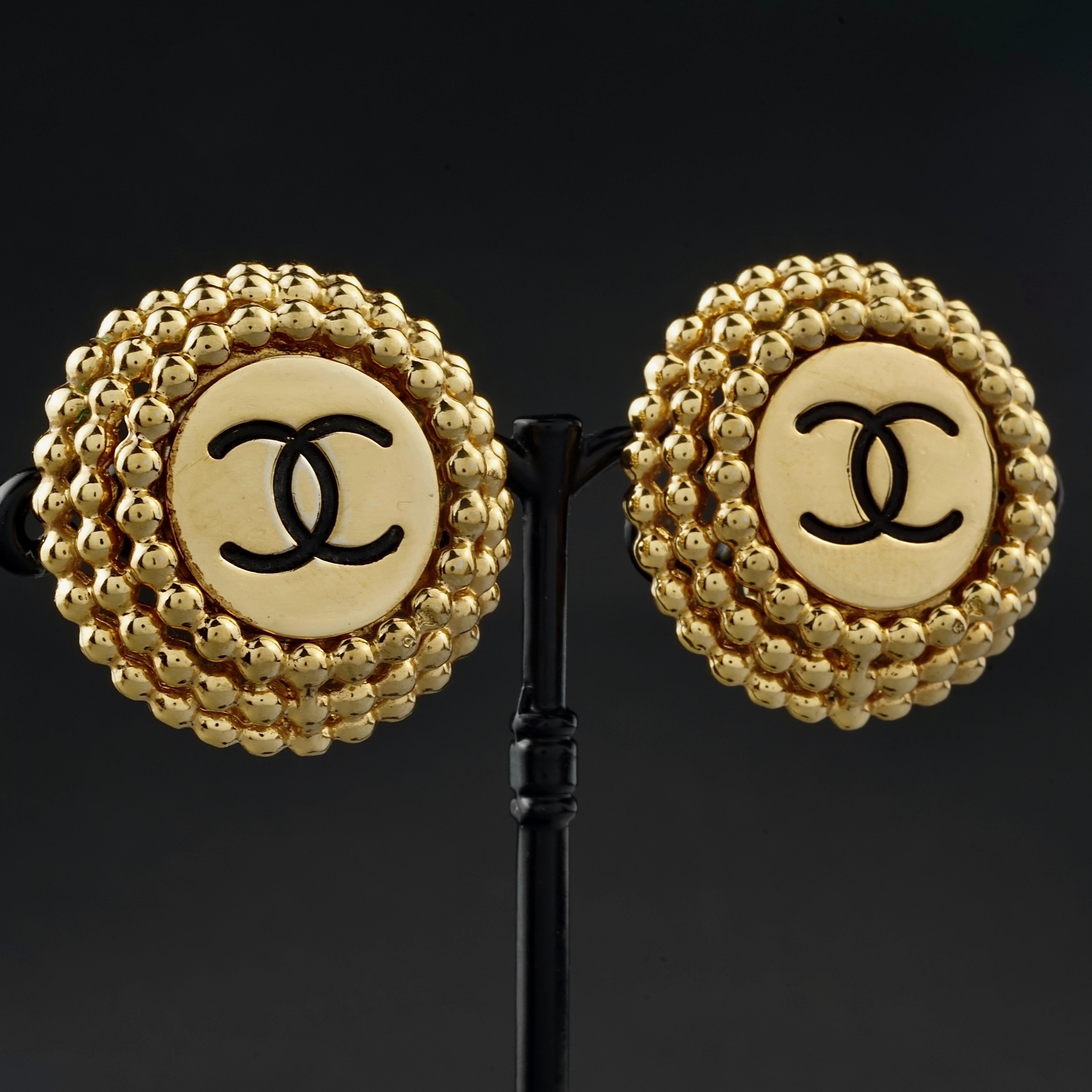 Vintage CHANEL Enamel Logo Raised Disc Medallion Earrings 3