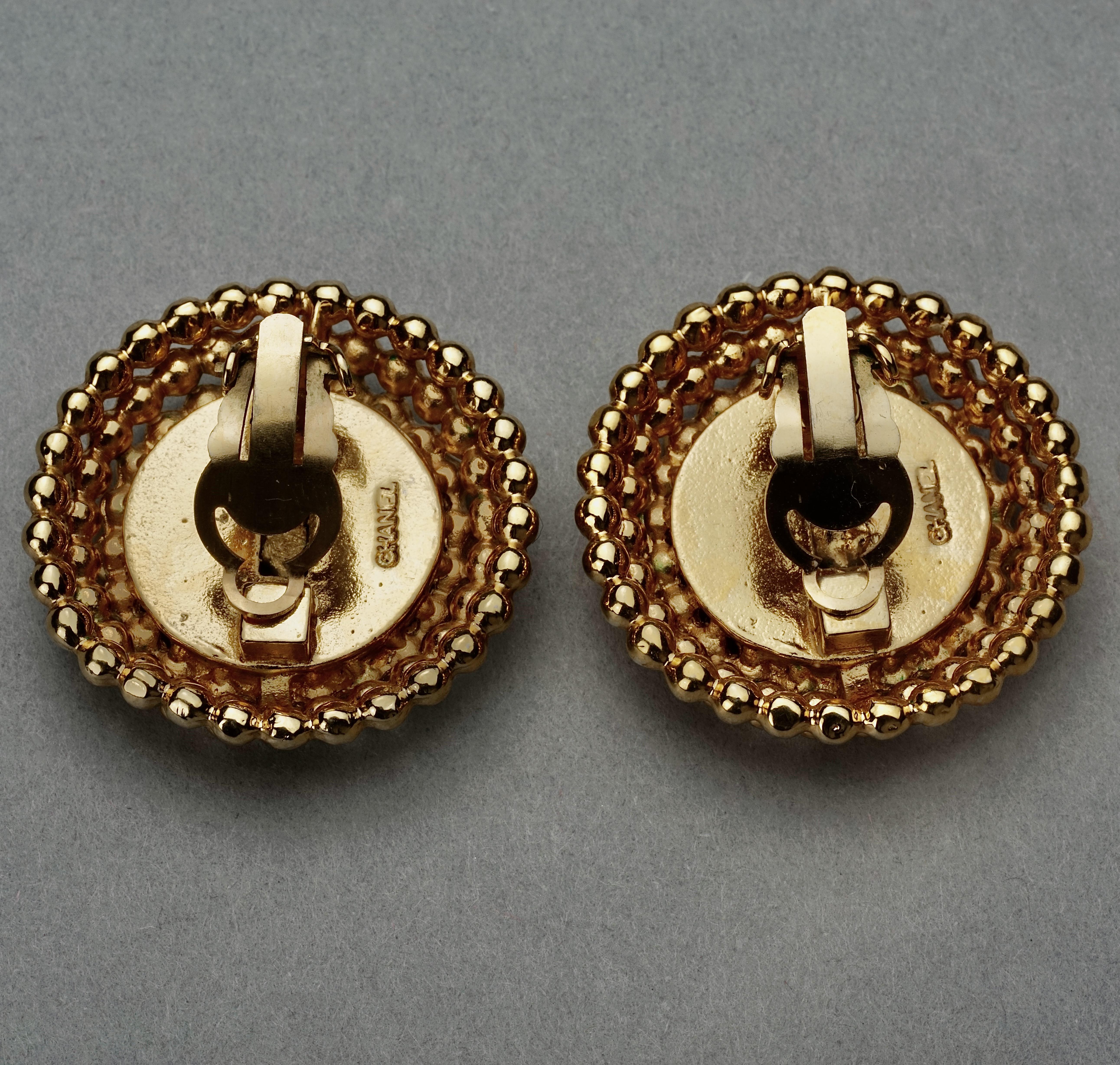 Vintage CHANEL Enamel Logo Raised Disc Medallion Earrings 5