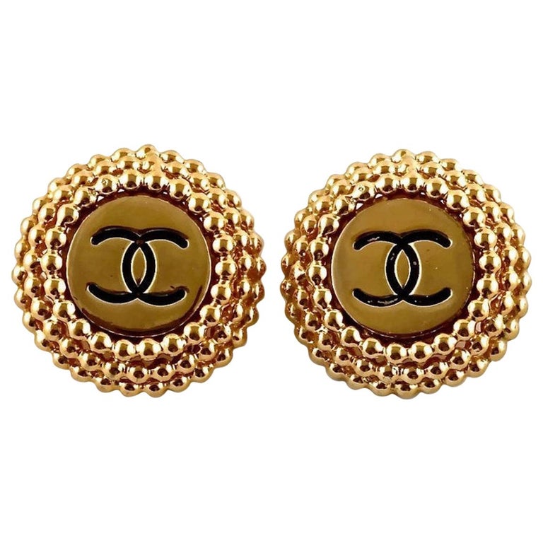 Vintage CHANEL Enamel Logo Raised Disc Medallion Earrings For Sale at ...