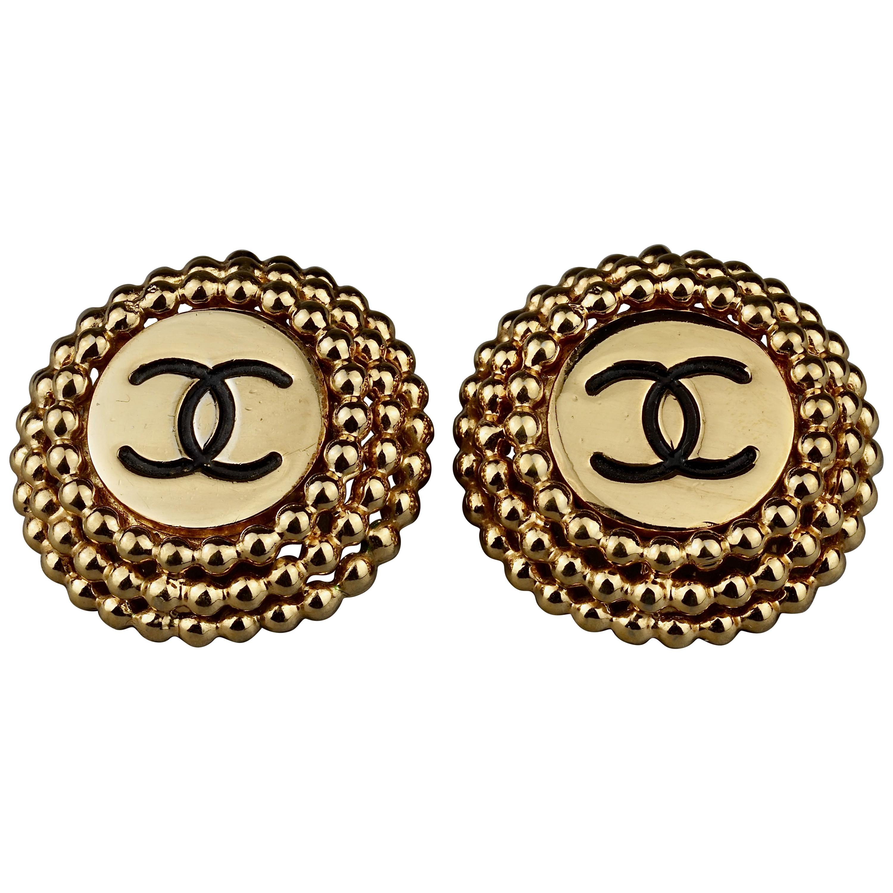 Vintage CHANEL Enamel Logo Raised Disc Medallion Earrings