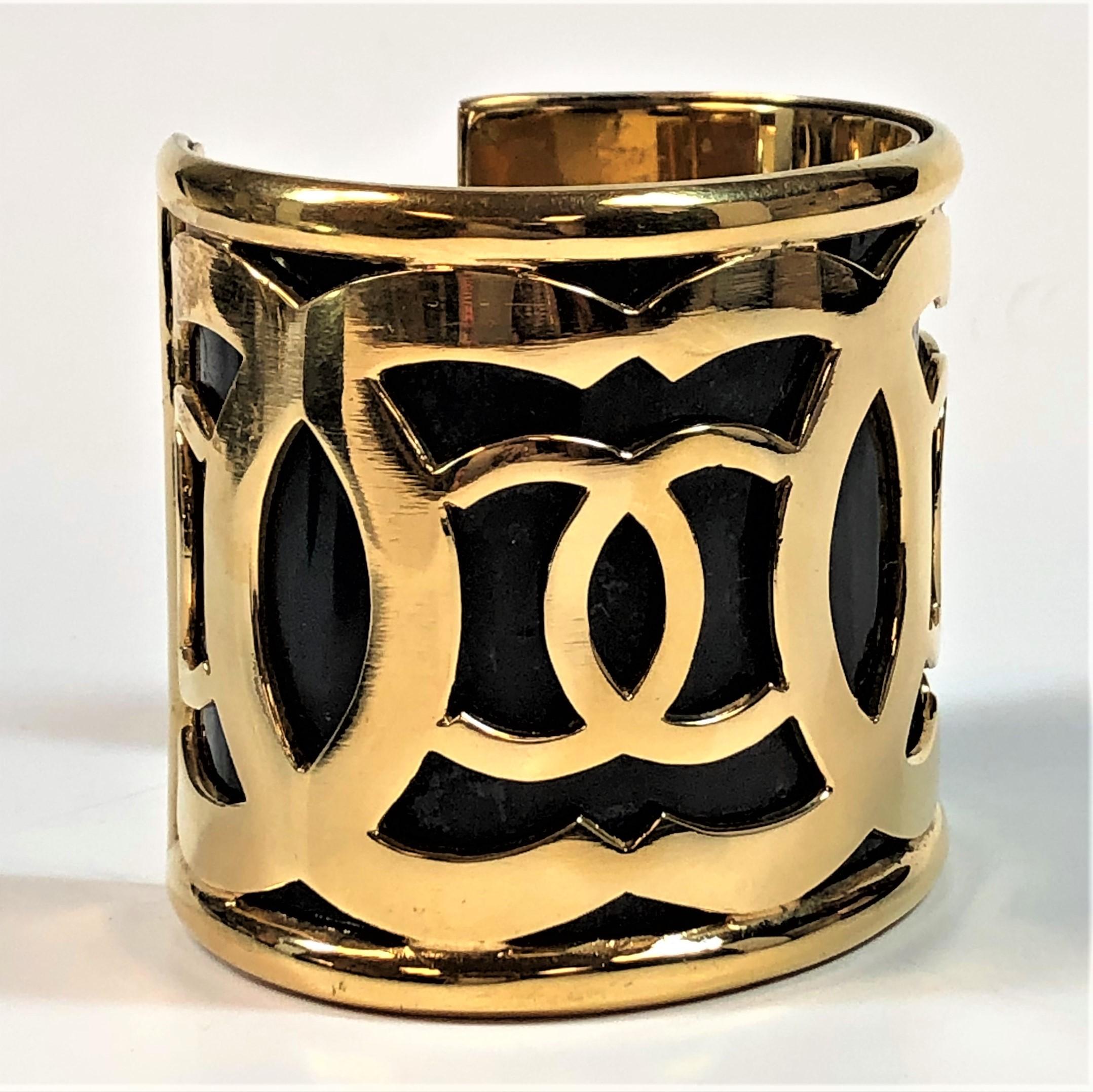 Women's Vintage Chanel Extra Wide Black Cuff With Gold Tone CC Logo Designs 2  7/16 inch For Sale