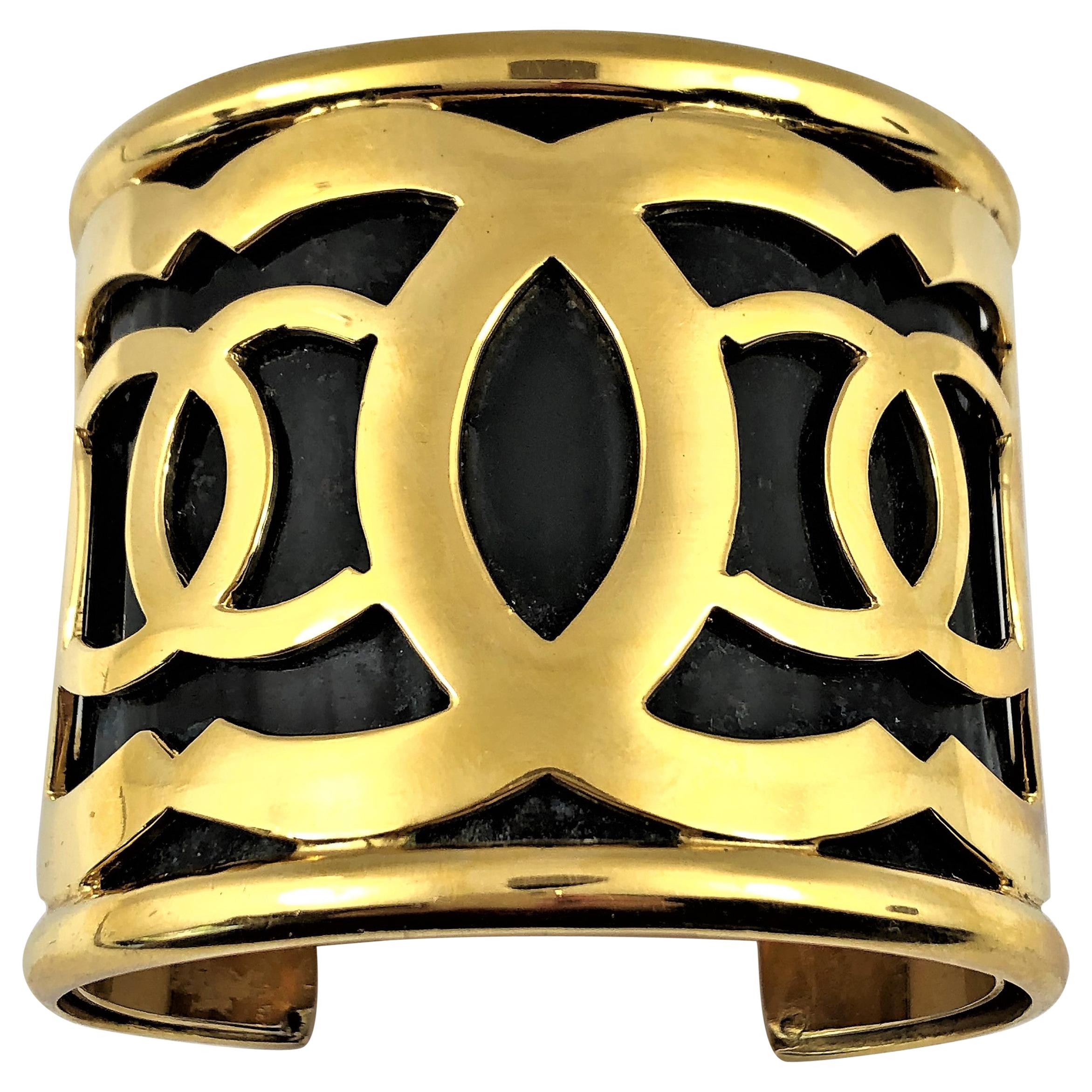 Vintage Chanel Extra Wide Black Cuff With Gold Tone CC Logo Designs 2  7/16 inch