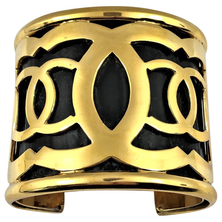 Vintage Chanel Extra Wide Black Cuff With Gold Tone CC Logo