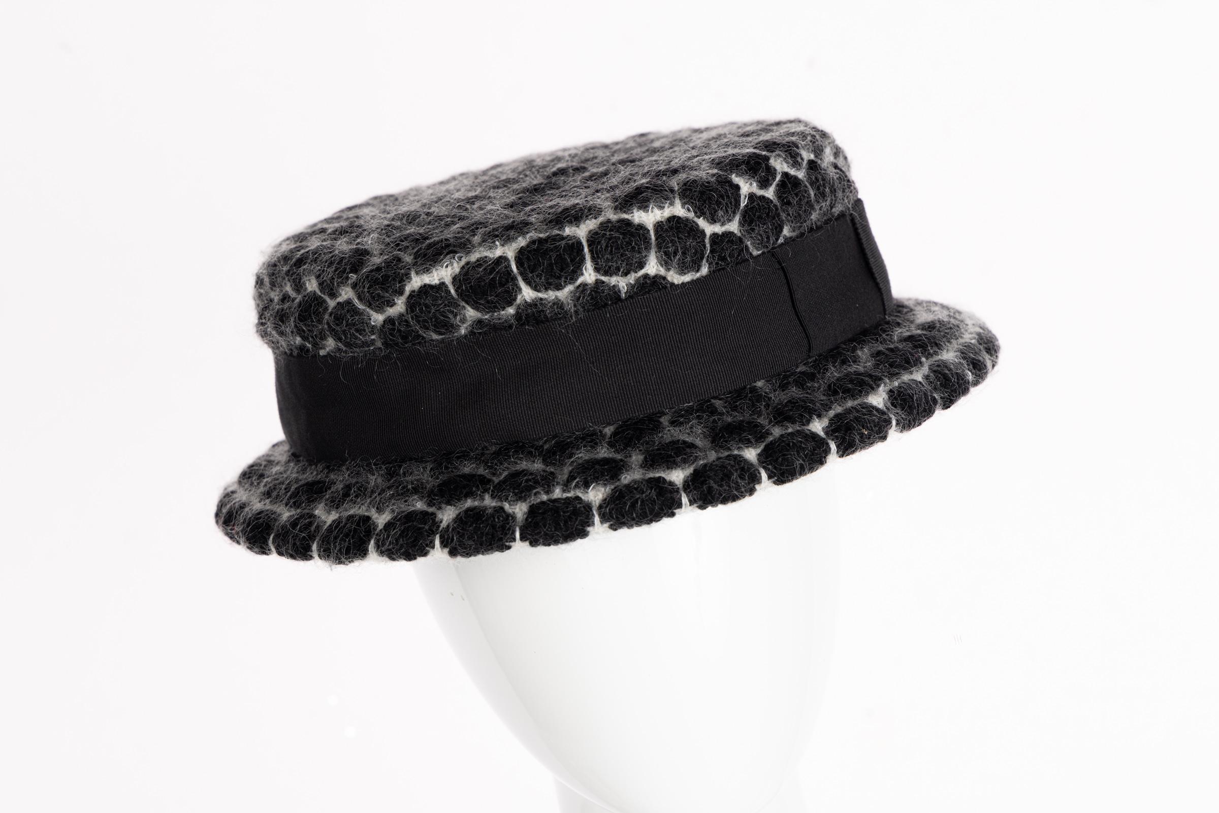 Vintage Chanel F/W 2009 Runway Black & White Mohair Bow Hat In Excellent Condition For Sale In Boca Raton, FL