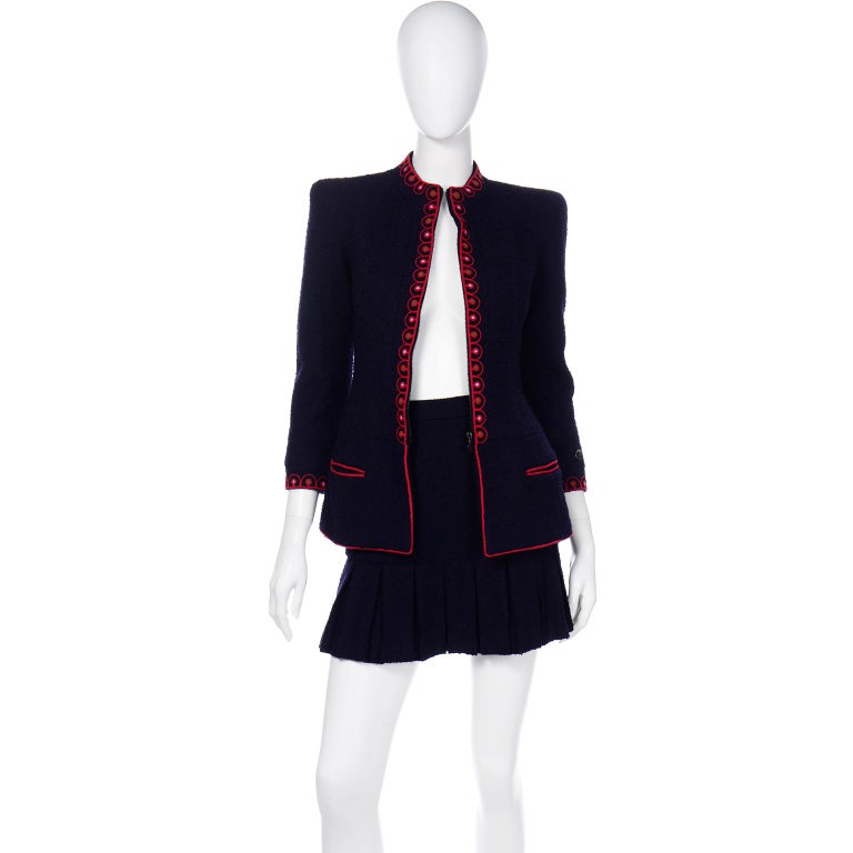 Vintage Chanel Fall 1997 Navy Blue and Red Jacket and Skirt Suit Documented  Ad at 1stDibs