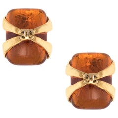 Vintage Chanel Faux Amber Earrings Circa 1994 Spring Square Yellow Gold Tone