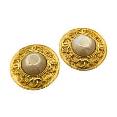 Vintage Chanel Faux Pearl 24 karat Gold Plated CC Clip-on Earrings 1990s