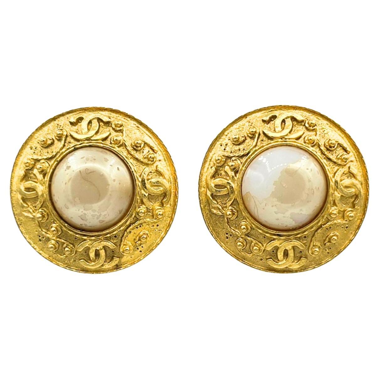 Vintage Chanel Faux Pearl 24 karat Gold Plated CC Clip-on Earrings 1990s
