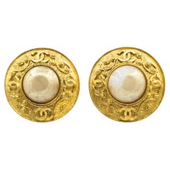 Vintage Chanel Faux Pearl 24 karat Gold Plated CC Clip-on Earrings 1990s
