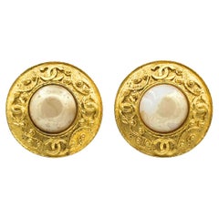 Vintage Chanel Faux Pearl 24 karat Gold Plated CC Clip-on Earrings 1990s