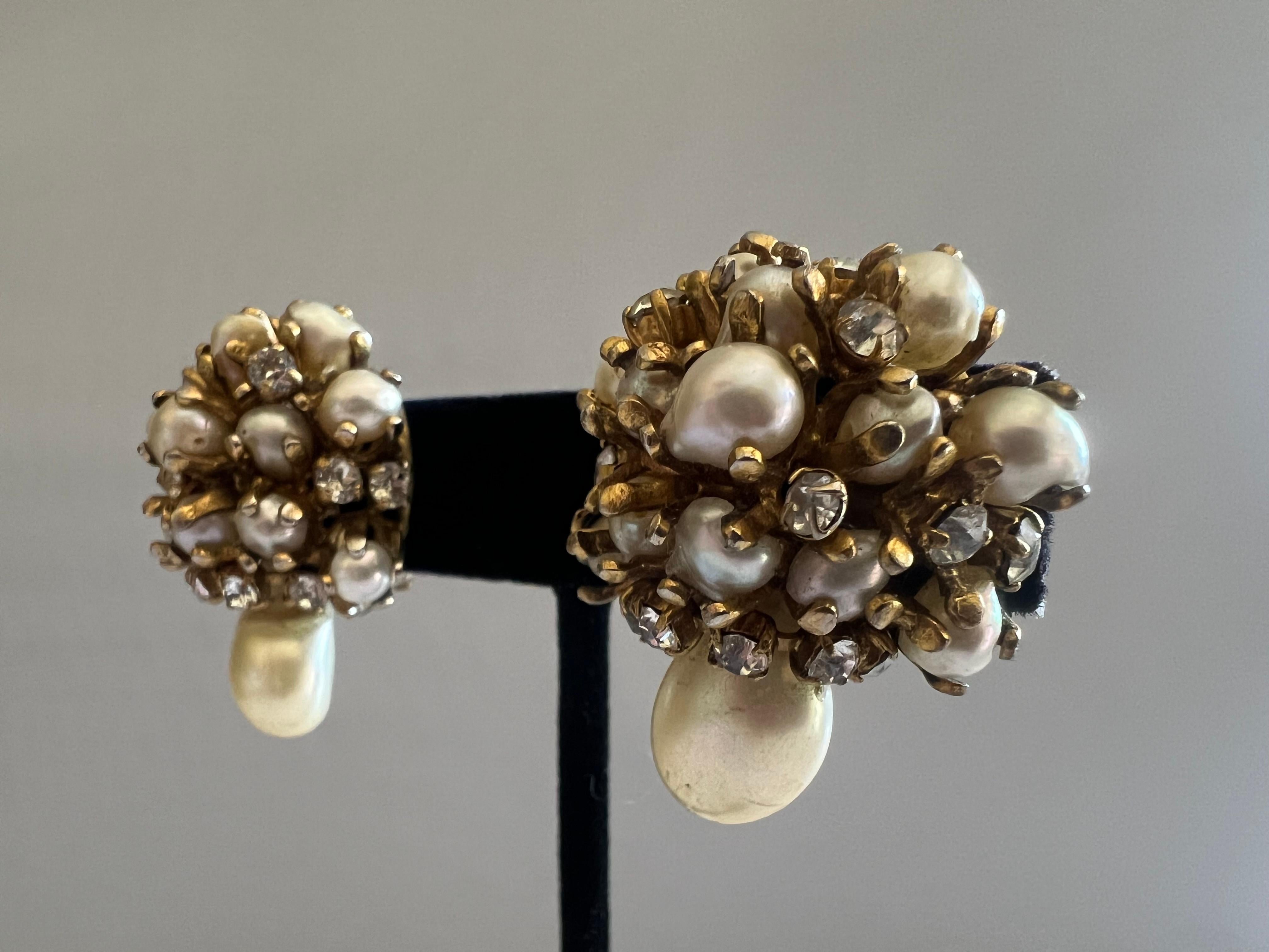 Artisan Vintage Chanel Faux Pearl and Diamante Cluster Earrings For Sale
