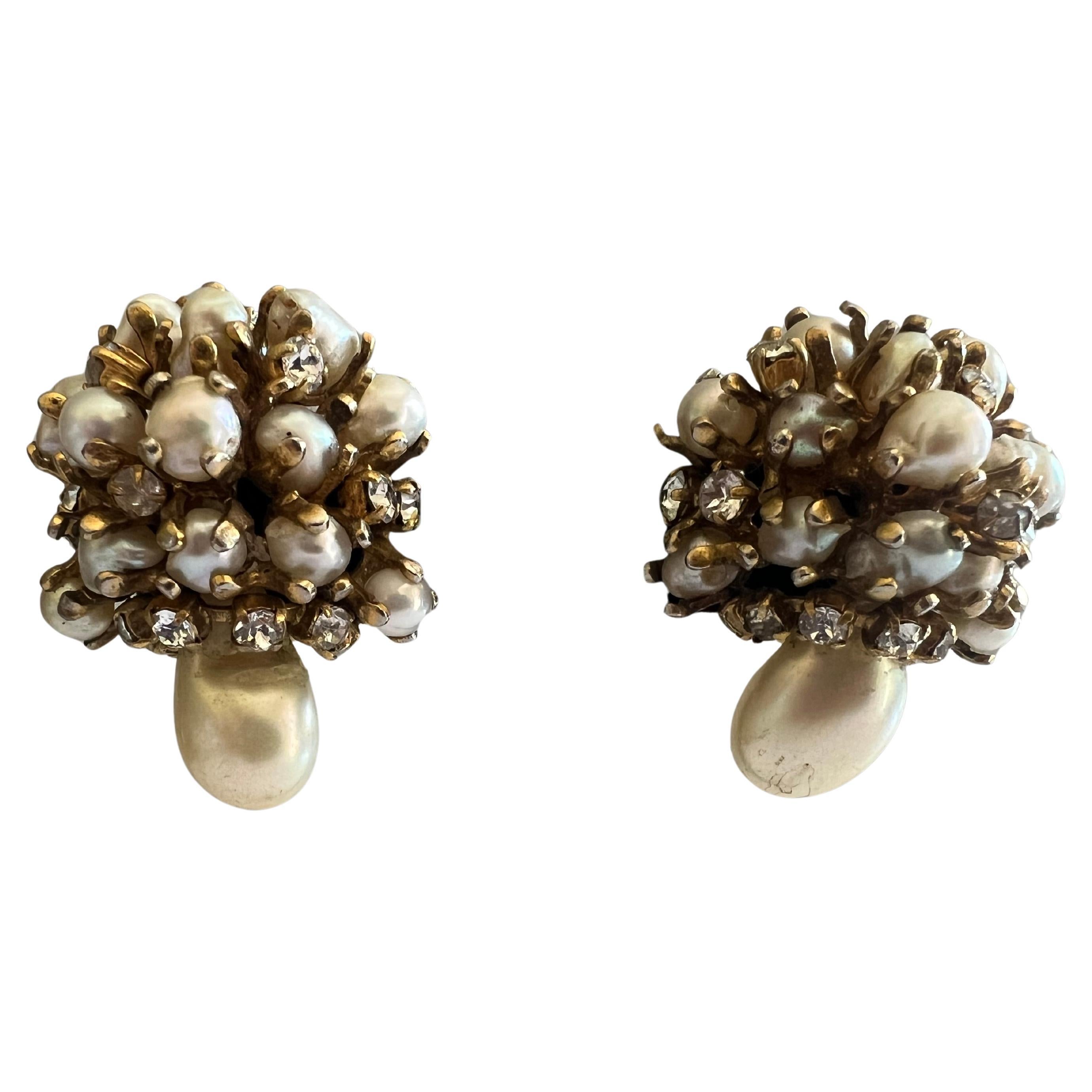 Vintage Chanel Faux Pearl and Diamante Cluster Earrings For Sale