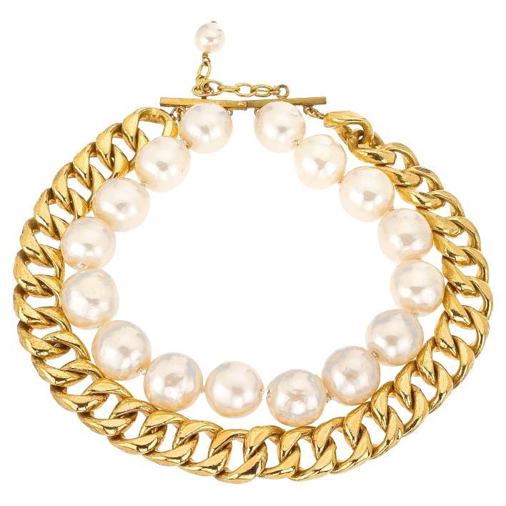 Documented Vintage Chanel Faux Pearl and Gold Chain Double Choker Necklace  For Sale