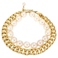 Documented Vintage Chanel Faux Pearl and Gold Chain Double Choker Necklace