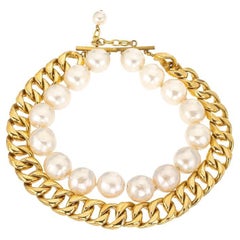 Documented Retro Chanel Faux Pearl and Gold Chain Double Choker Necklace 