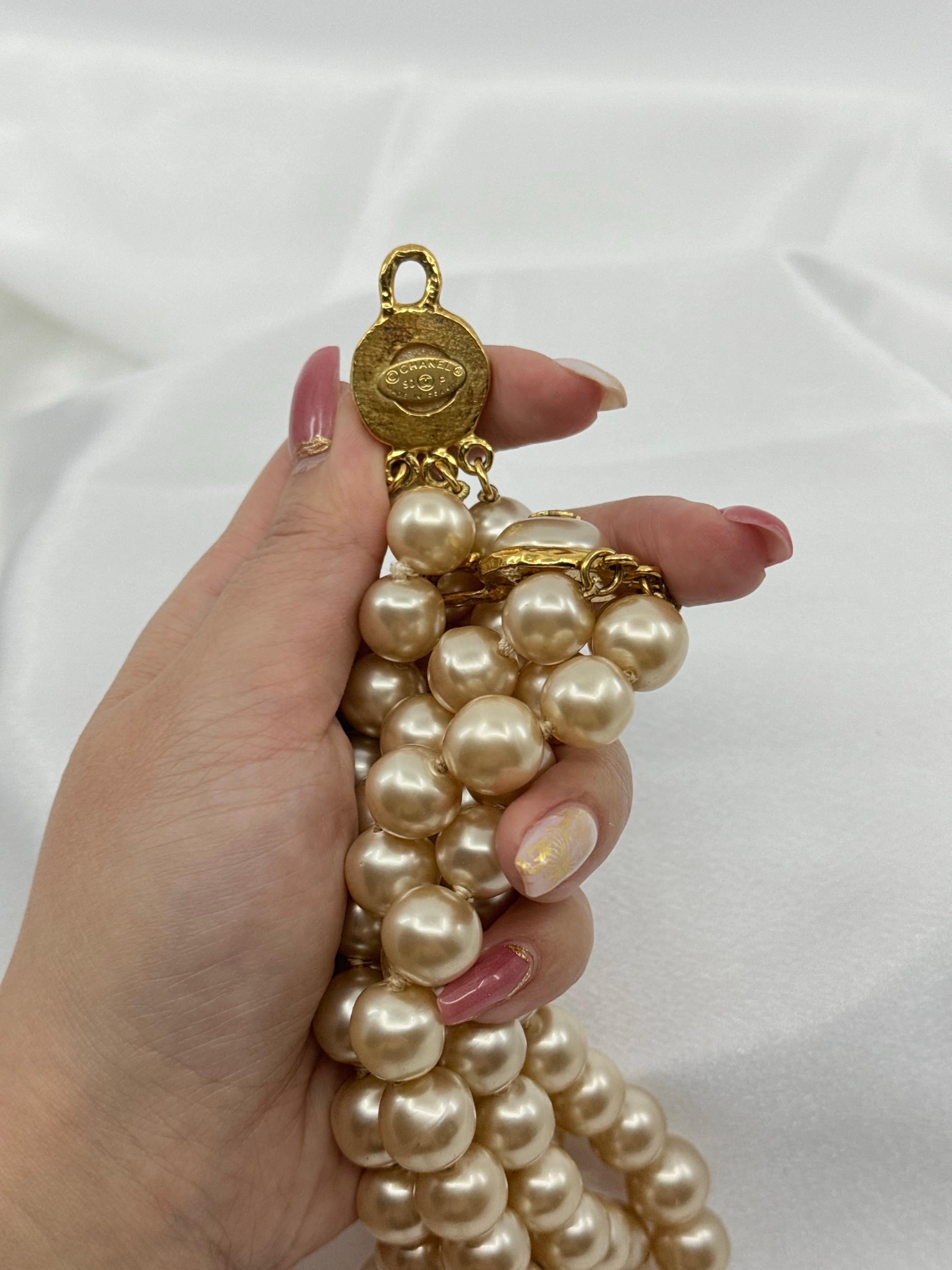 Vintage CHANEL Faux Pearl CC Logo Triple Strand Collar Necklace For Sale 6