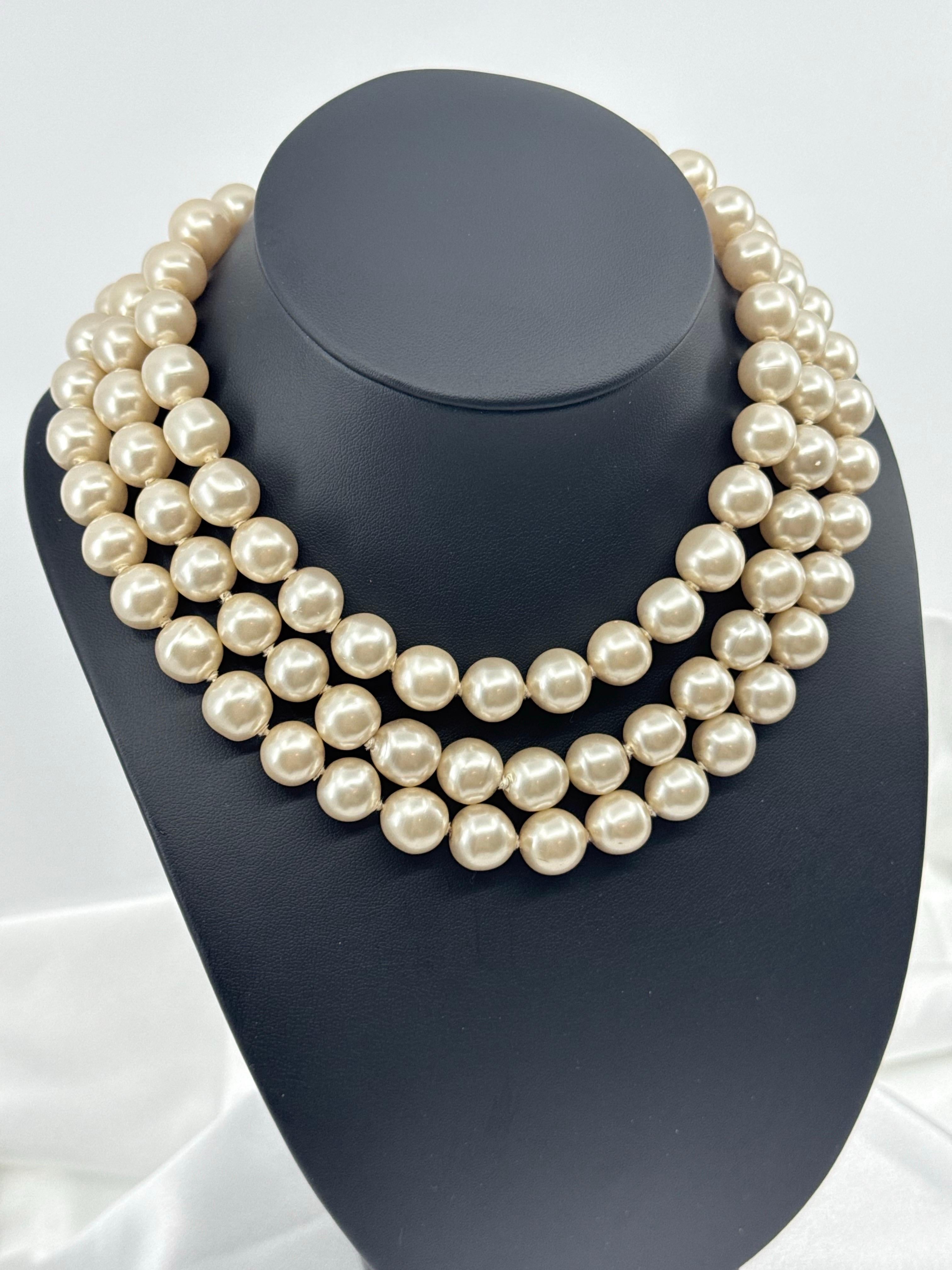 Vintage CHANEL Faux Pearl CC Logo Triple Strand Collar Necklace For Sale 3