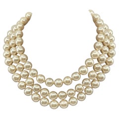 Antique CHANEL Faux Pearl CC Logo Triple Strand Collar Necklace