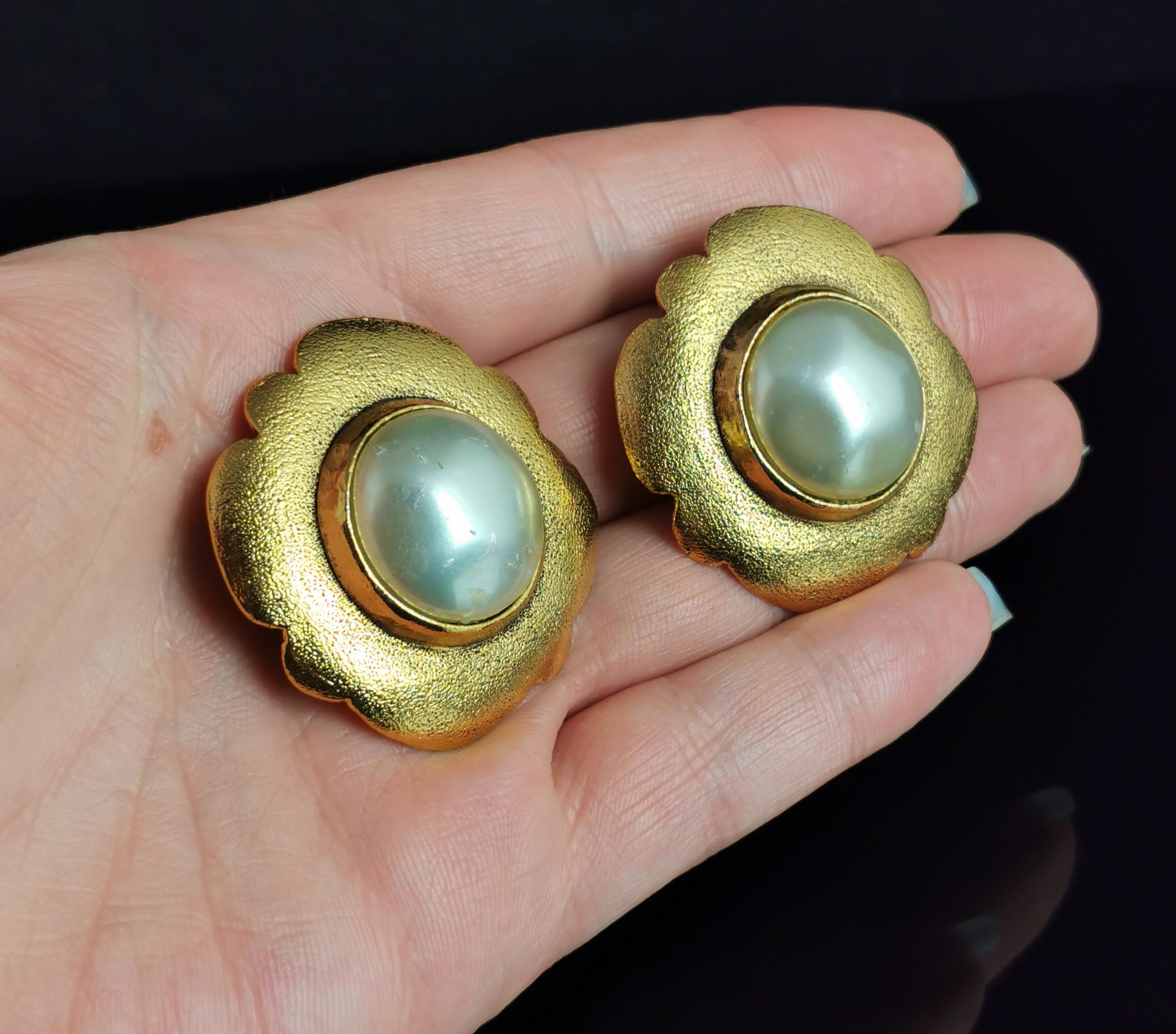 Vintage Chanel faux pearl clip on earrings, Gold tone, c1980s  For Sale 2