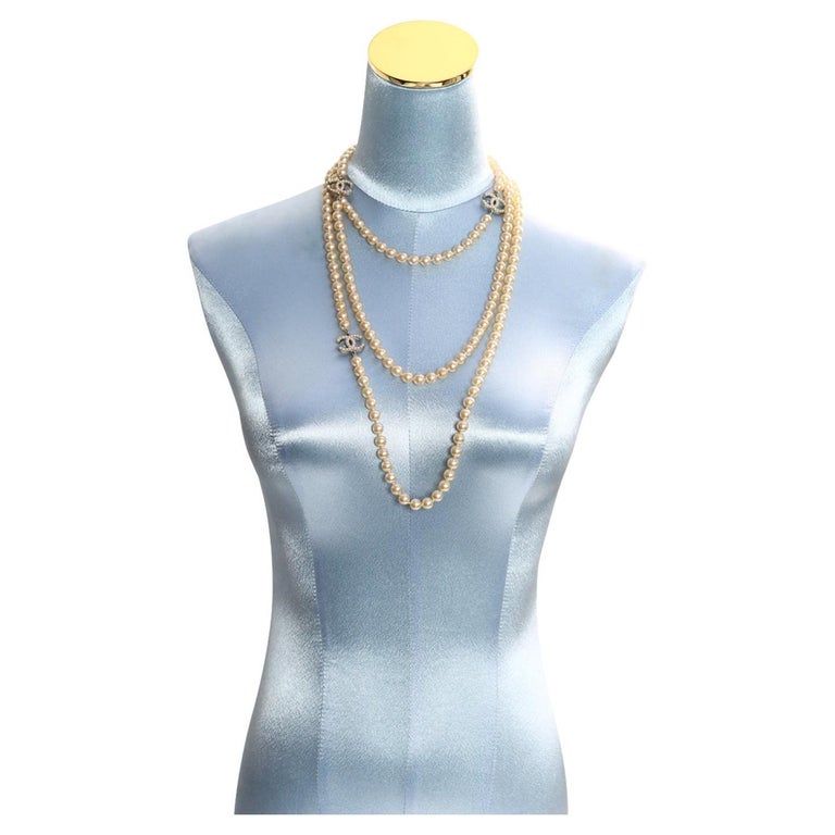 Vintage Chanel Faux Pearl Extra Long Necklace Sautoir Circa 1990s.  The necklace is 72