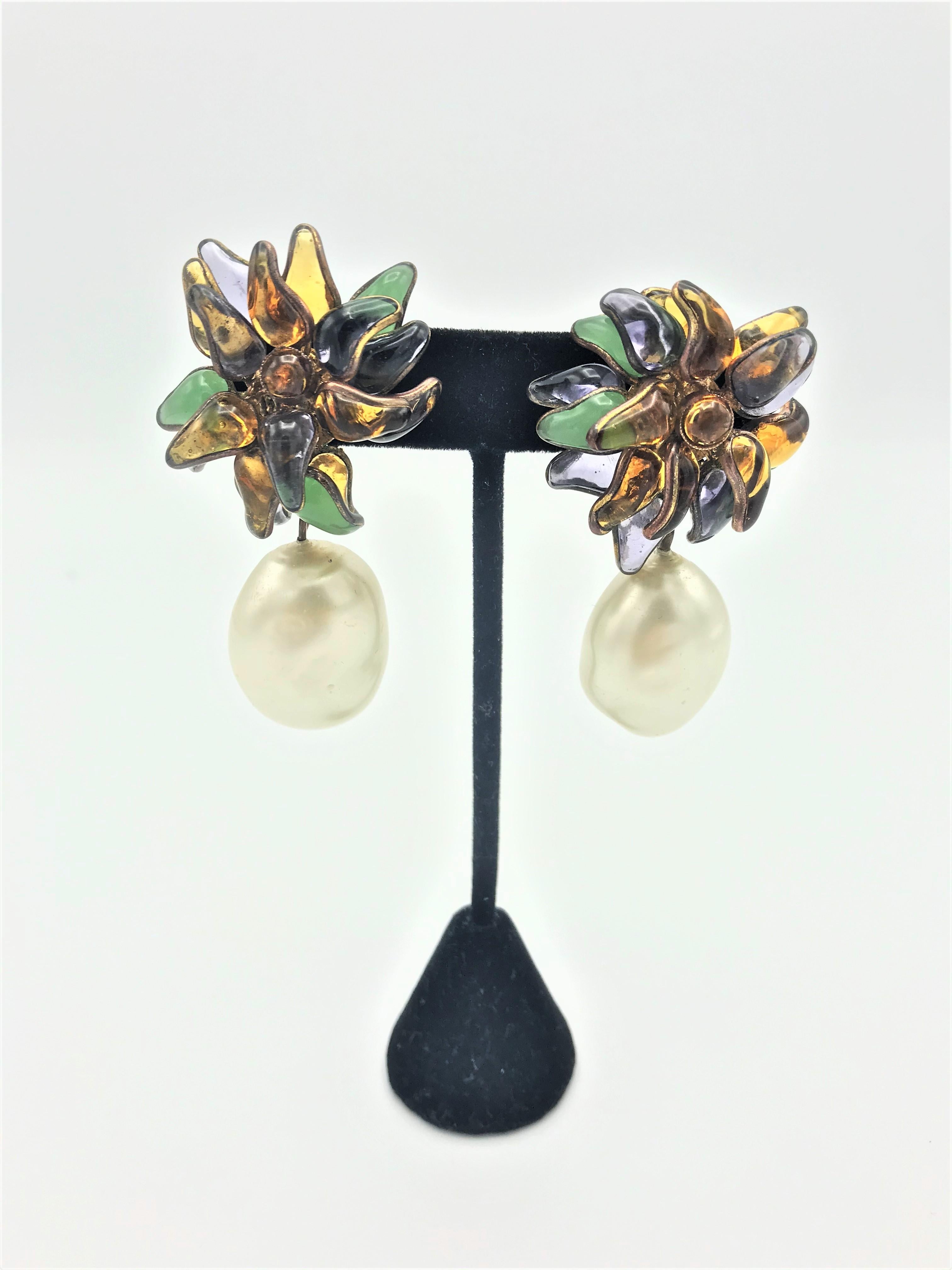 Women's  Chanel ear clips by Maison Gripoix with large pearls attached, signed 2CC8  For Sale