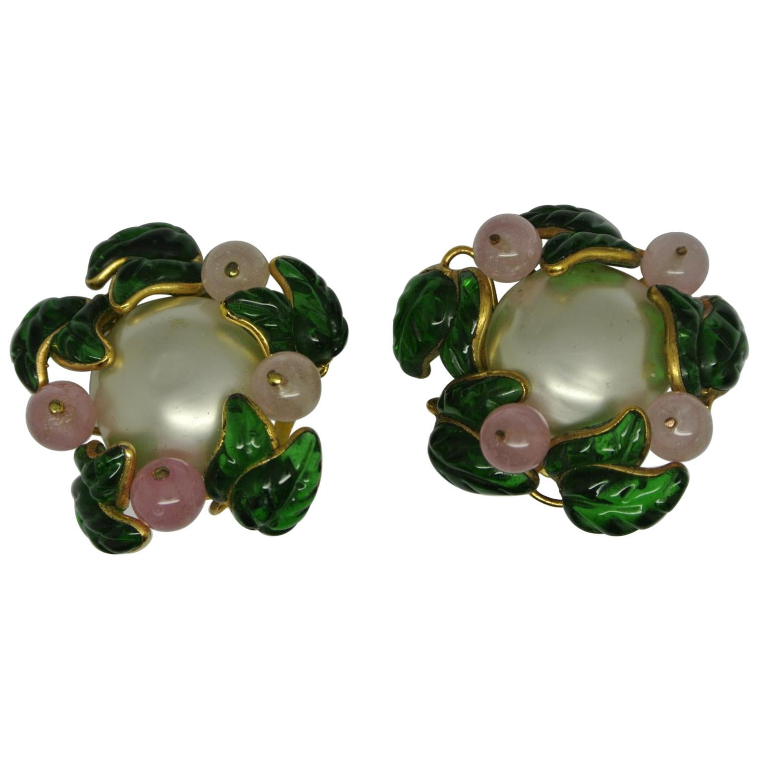 Vintage Chanel Flower Green Leaf Gripoix Poured Glass Faux Pearl Earrings For Sale