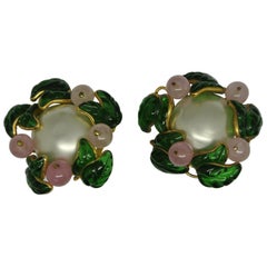 Vintage Chanel Flower Green Leaf Gripoix Poured Glass Faux Pearl Earrings