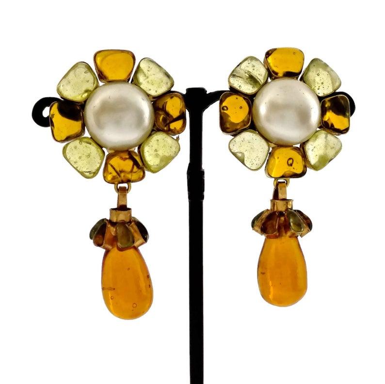 Vintage CHANEL Flower Pearl Gripoix Poured Glass Drop Earrings 1