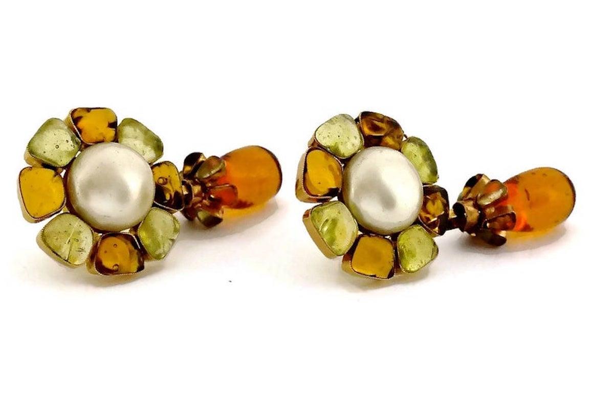 Vintage CHANEL Flower Pearl Gripoix Poured Glass Drop Earrings 2