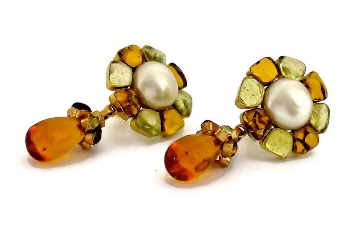 Vintage CHANEL Flower Pearl Gripoix Poured Glass Drop Earrings 3