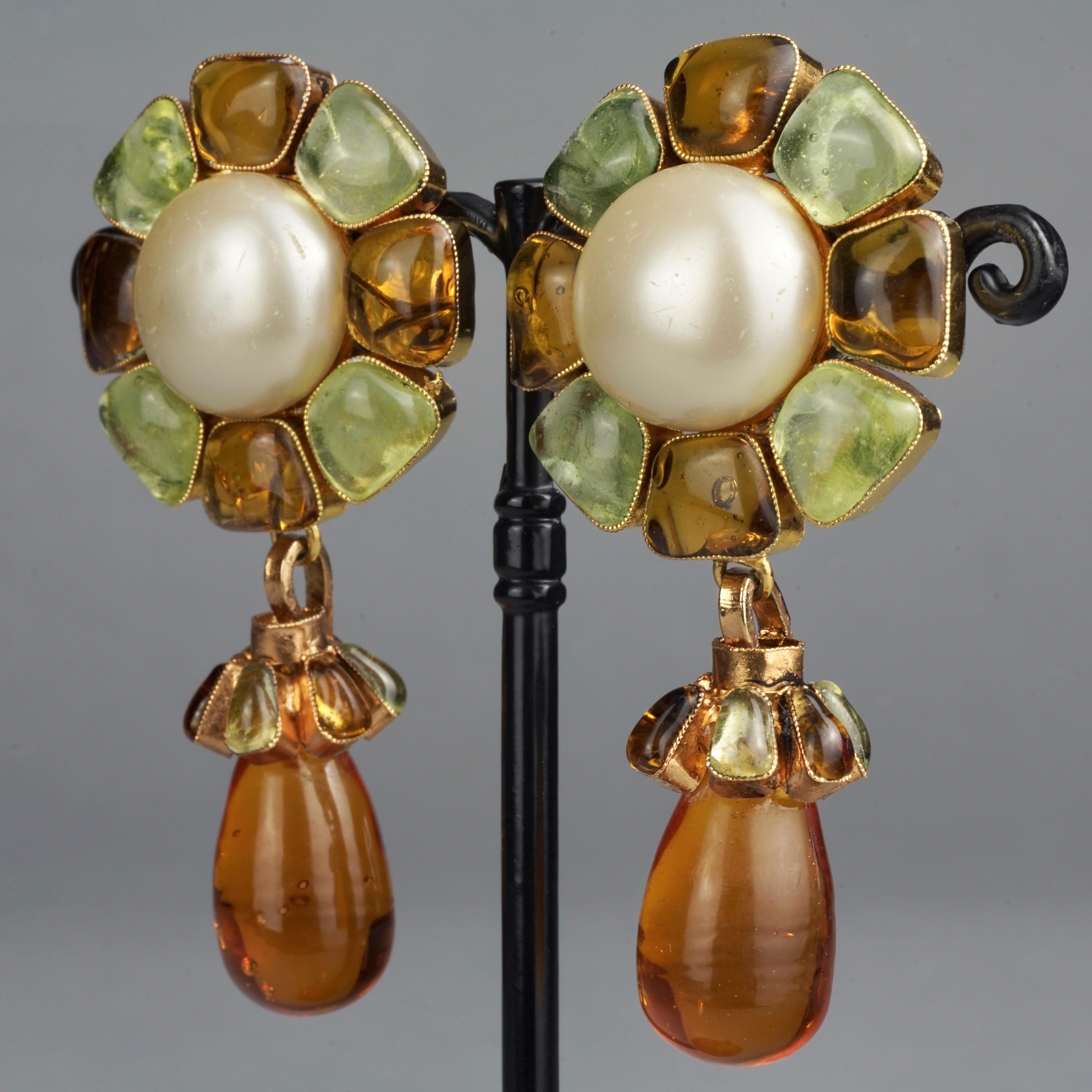 Women's Vintage CHANEL Flower Pearl Gripoix Poured Glass Drop Earrings