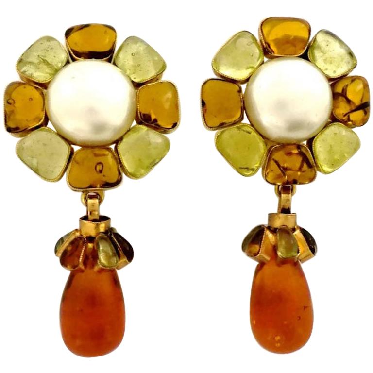 Vintage CHANEL Flower Pearl Gripoix Poured Glass Drop Earrings at 1stDibs