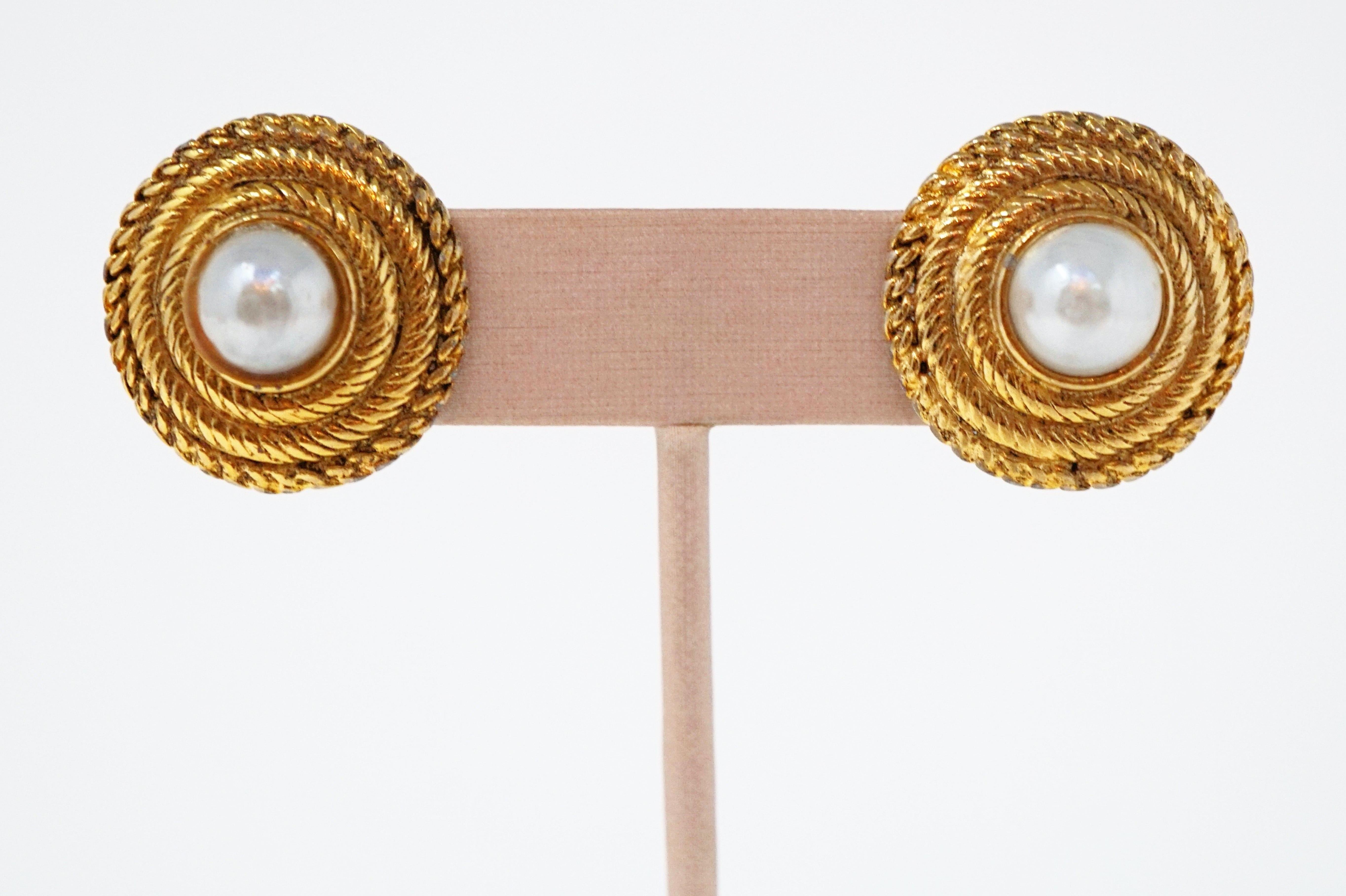 Vintage Chanel Gilded Faux Mabe Pearl Clip-On Earrings, Signed, 1985 5