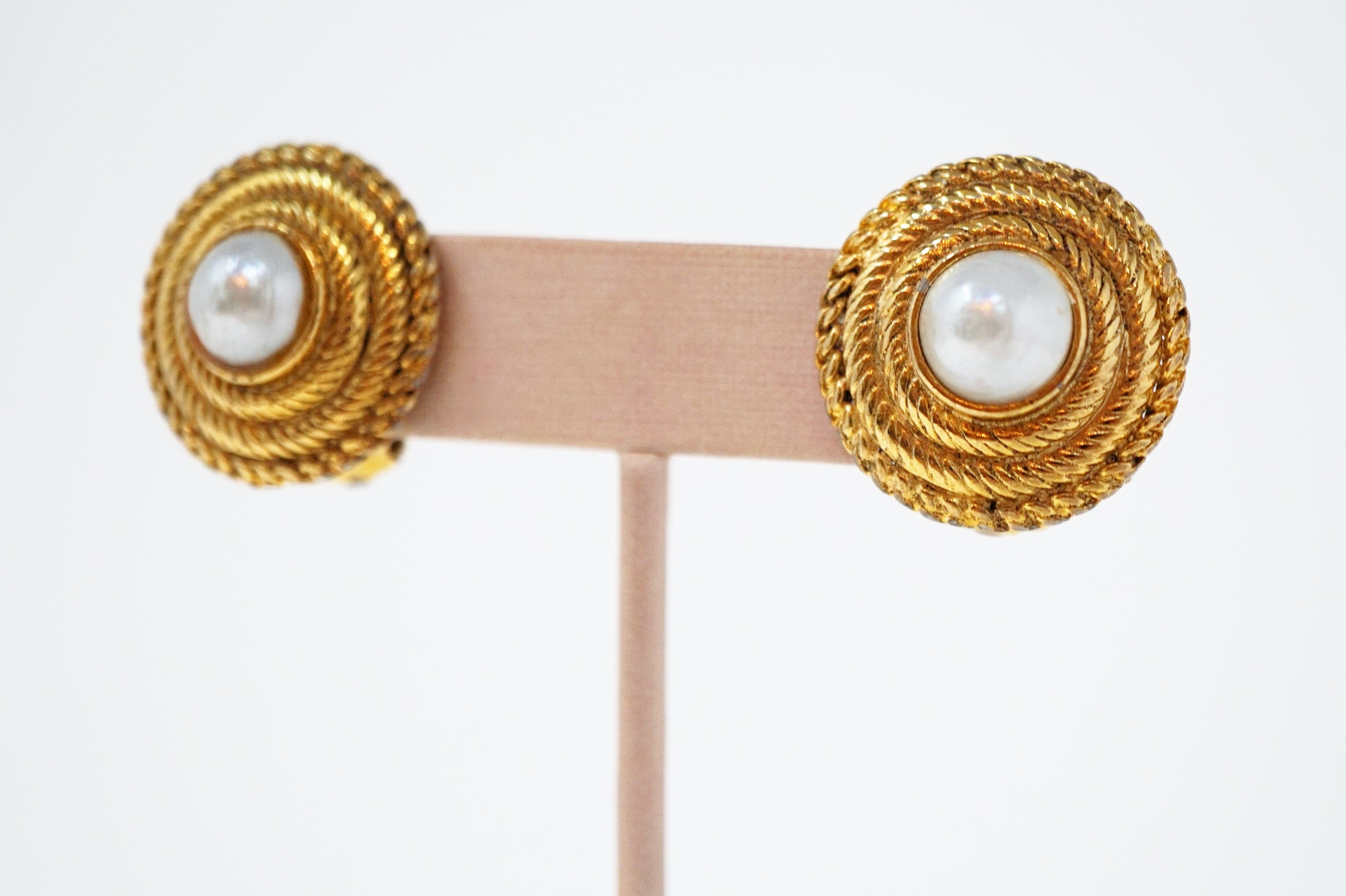 Vintage Chanel Gilded Faux Mabe Pearl Clip-On Earrings, Signed, 1985 6