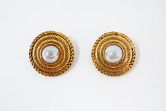 Vintage Chanel Gilded Faux Mabe Pearl Clip-On Earrings, Signed, 1985