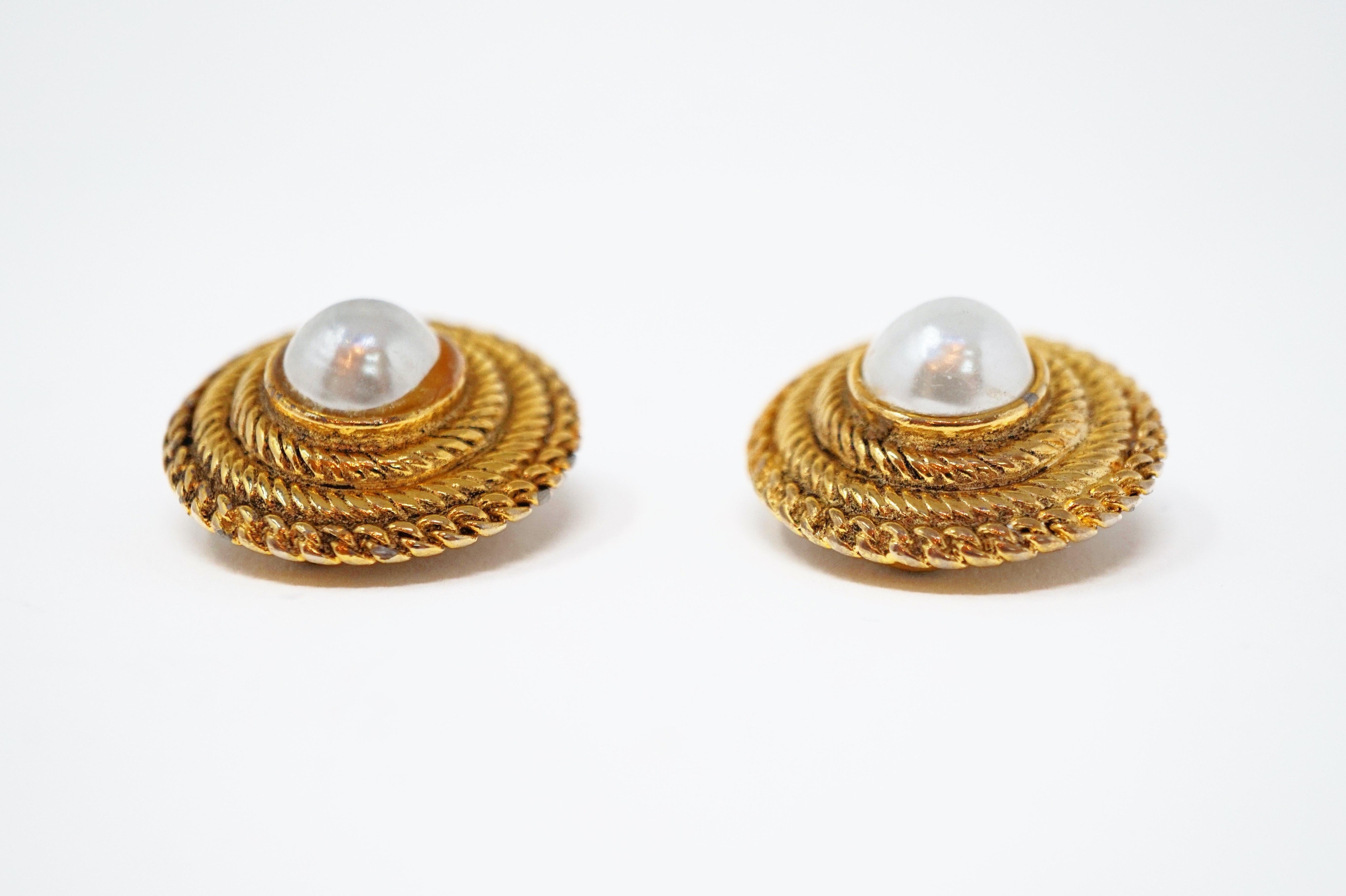 Modern Vintage Chanel Gilded Faux Mabe Pearl Clip-On Earrings, Signed, 1985