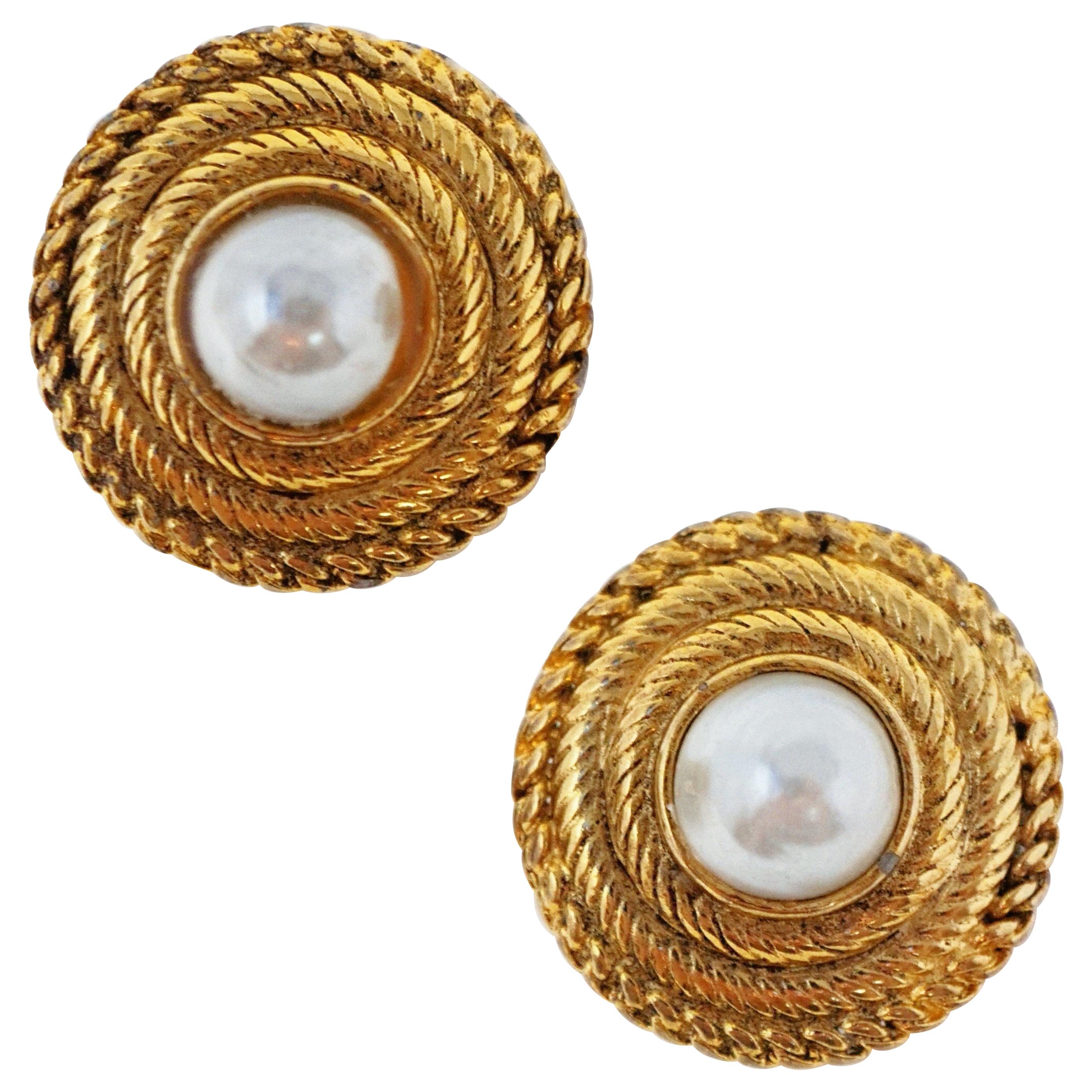 Vintage Chanel Gilded Faux Mabe Pearl Clip-On Earrings, Signed, 1985