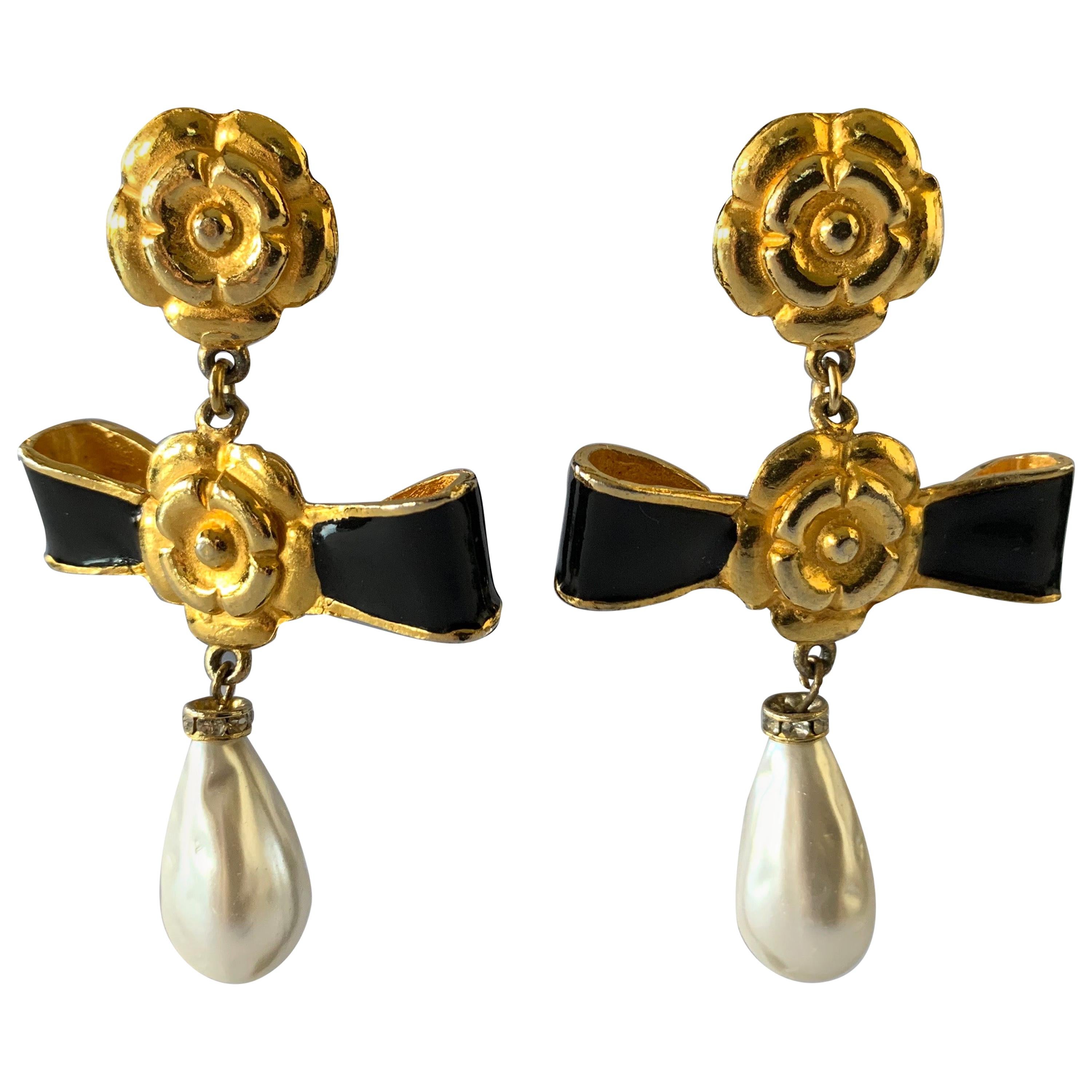 CHANEL Enamel Crystal Pearl CC Camellia Drop Earrings Black Gold 700304