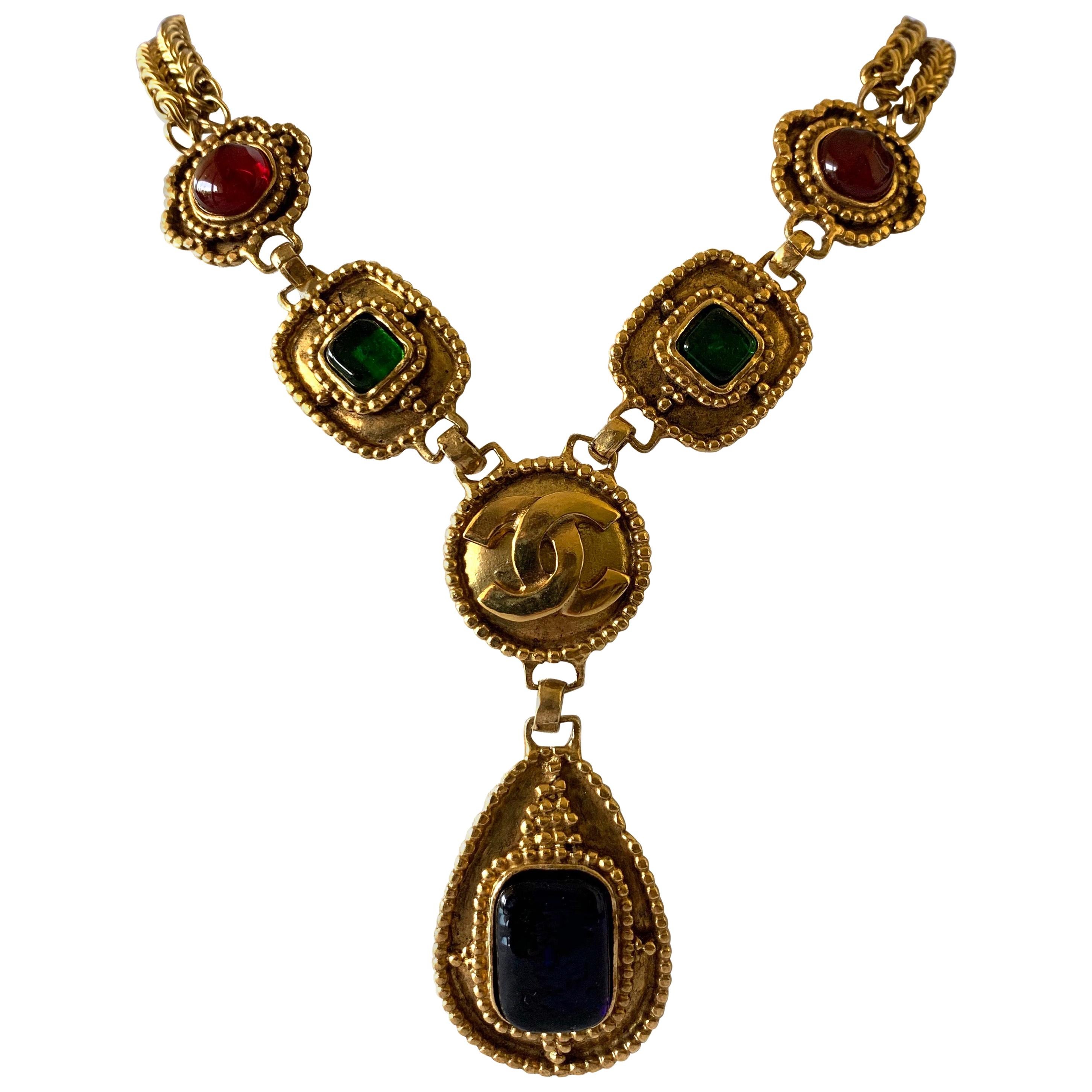 Vintage Chanel Gilt CC Logo "pate de verre" Statement  Drop Necklace
