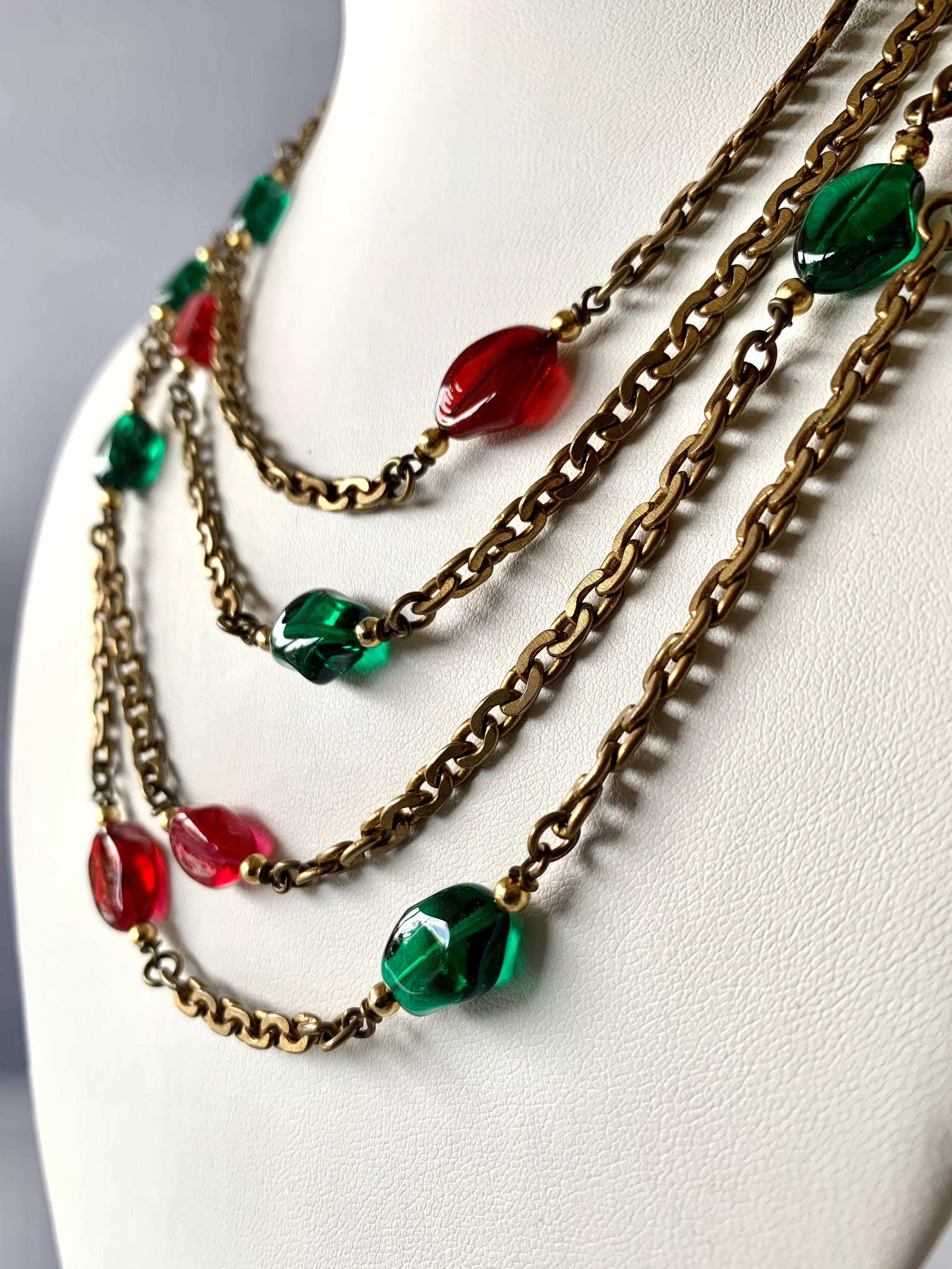  Vintage classic Byzantine style Coco Chanel gilt metal chain necklace featuring oblong molten glass beads 
