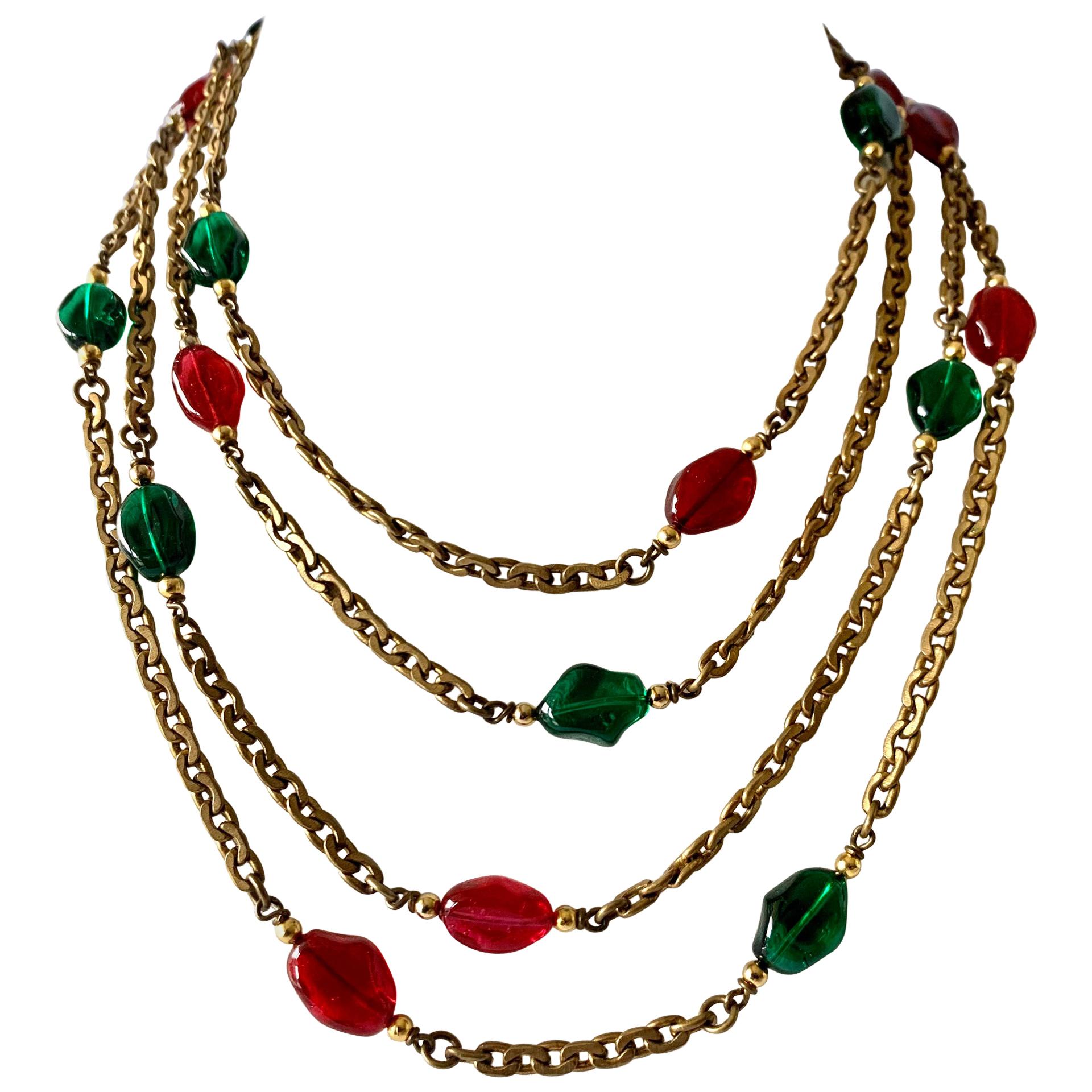 Vintage Chanel Gilt Green and Red "pate de verre" Statement Necklace 