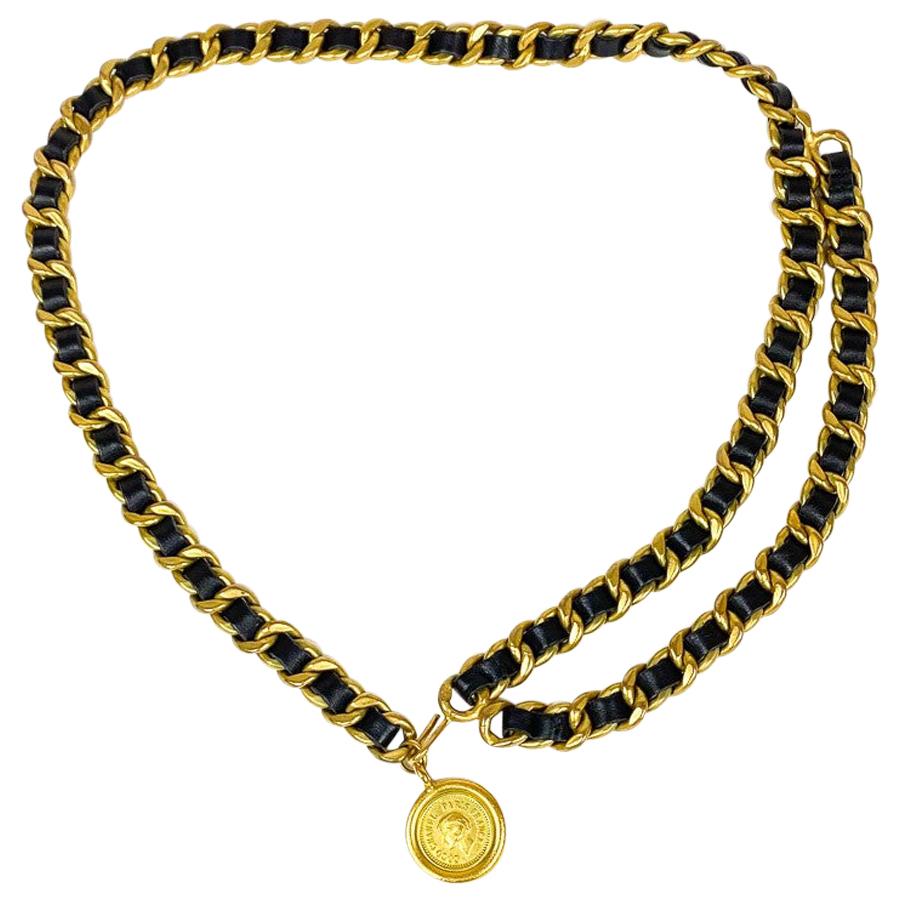Vergoldeter Chanel-Gürtel aus Metallkette und Leder CC