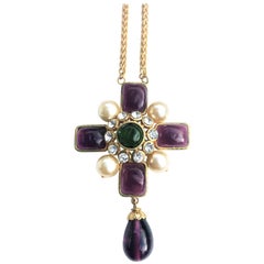 Vintage Chanel gilt metal poured purple glass cross necklace signed 2CC3  