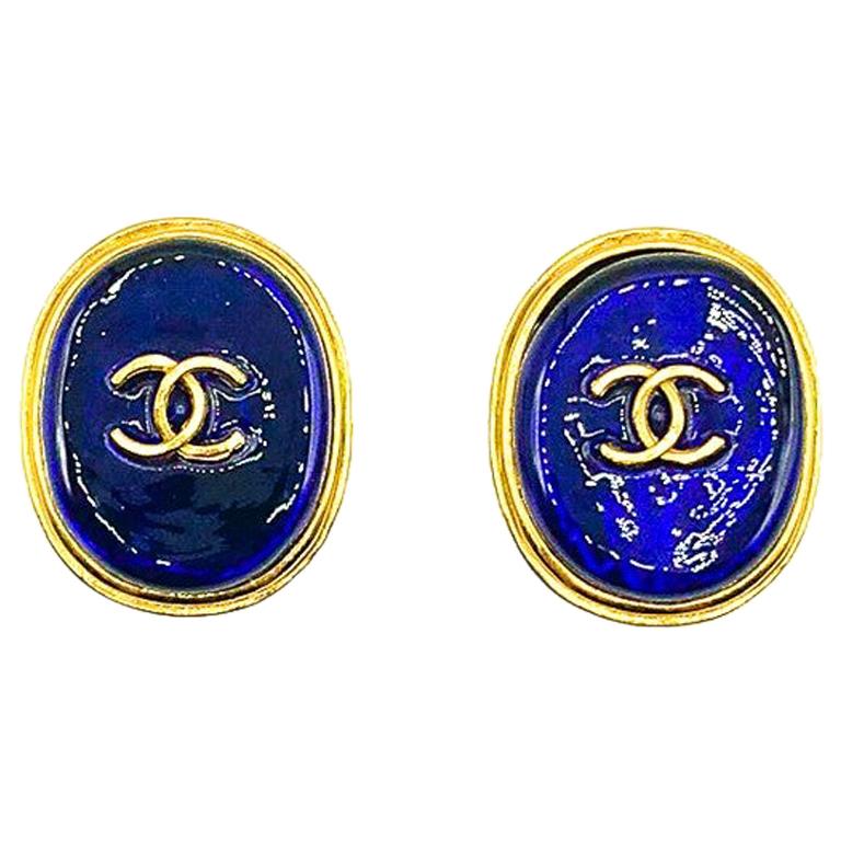 Vintage Chanel Gold & Blue Pate de Verre Logo Earrings by Maison Gripoix 1993