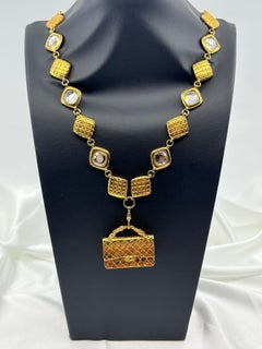 Vintage CHANEL Gold CC Bag Necklace with Crystal Accents